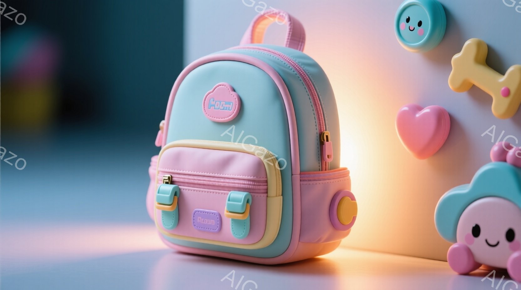 淡いピンクと水色のミニリュックサックが、柔らかい光の中で浮かび上がっています。リュックサックには可愛らしいデザインのワッペンがついており、周囲にはパステルカラーの様々な形をしたぬいぐるみやオーナメント - AI生成フリー素材