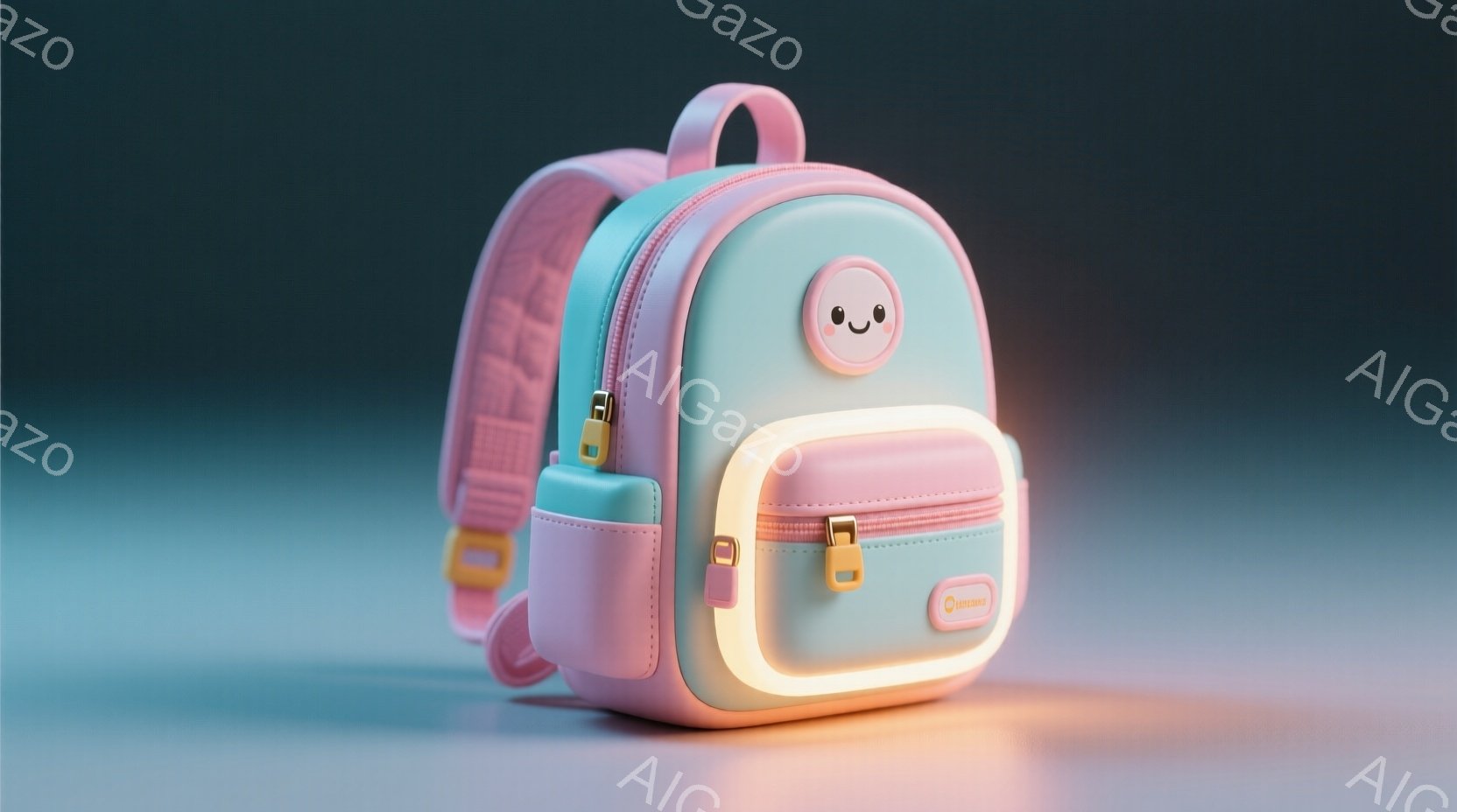 小さなバックパックを持つカートンというキャラクターの立体化された物語作品です。彼はピンクと藍色の組み合わせでデザインされており、前面に彼の顔が描かれています。バックパックは黄色のLEDライトで仕立てられています。このキャラクターは独特なスタイルと色彩を持っており、様々なデザインのバックパックを背負っていることが注目されます。