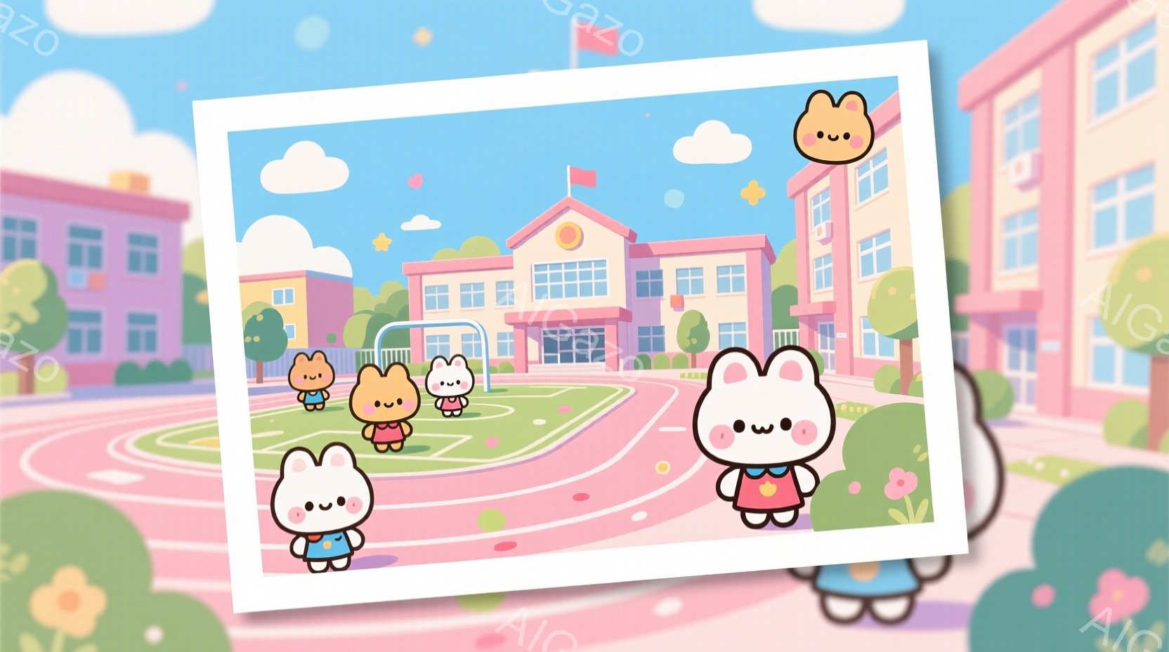 4匹の可愛らしいウサギのキャラクターが、ピンク色のトラックフィールドに立っています。それぞれ赤いスカートと白い靴を履いており、丸い顔には可愛らしい笑顔が描かれています。背景には、ピンク色の壁と白い装飾が施された学校の建物が見え、青い空に白い雲が浮かんでいます。