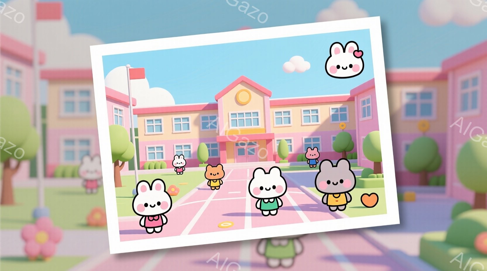 ピンク色の建物と緑の芝生のある学校の前に、可愛らしいウサギのキャラクターが複数立っています。ウサギたちは皆、同じような服装で、ピンクや緑のベストに白いシャツを着て、満面の笑みを浮かべています。背景には - AI生成フリー素材