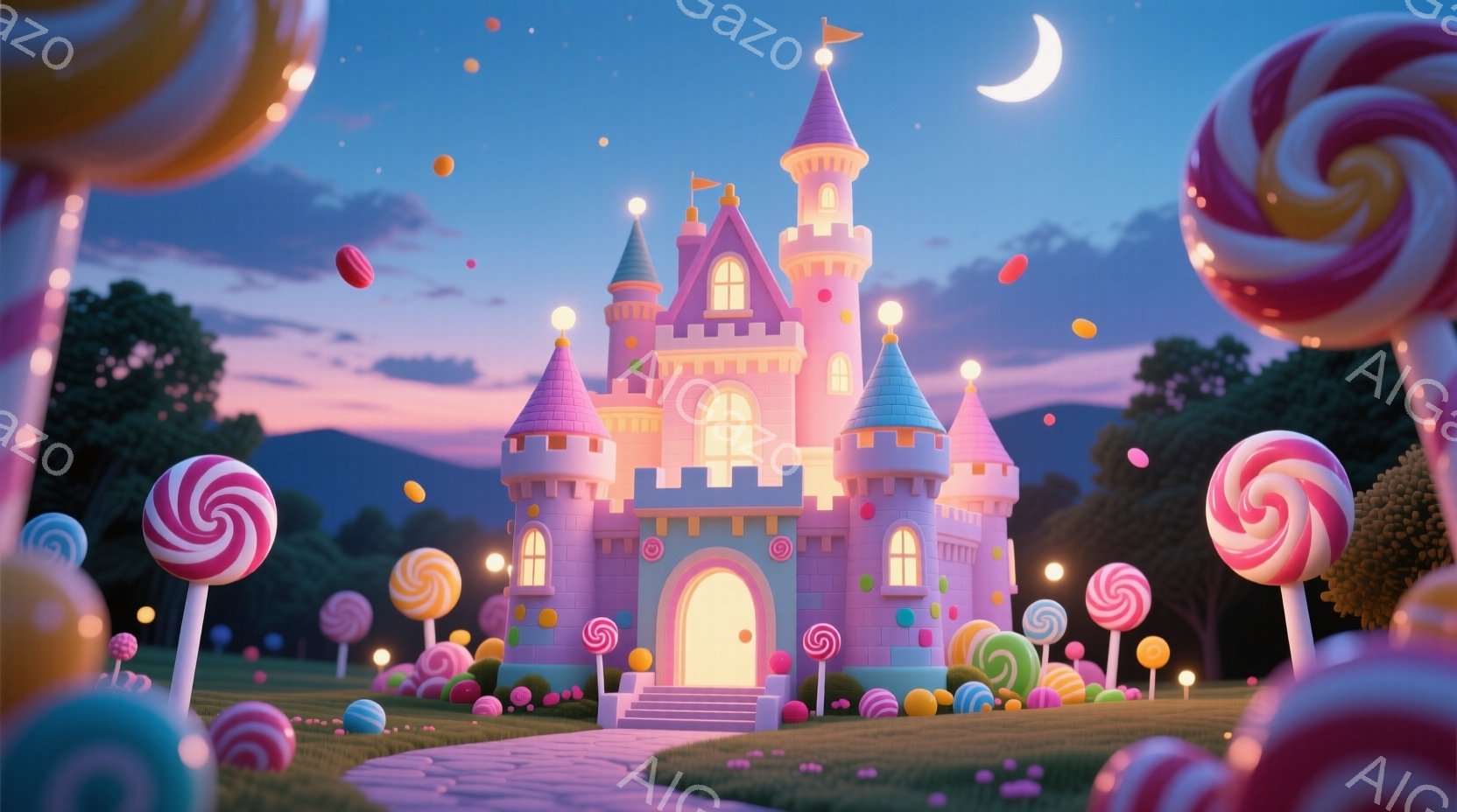 鮮やかなピンク色の可愛らしいお城が、緑豊かな草原の中に建っています。周りにはカラフルなキャンディーや丸いお菓子が散らばり、まるで夢のようなお菓子の国を思わせます。空は夕暮れ時のようなオレンジと紫のグラ - AI生成フリー素材