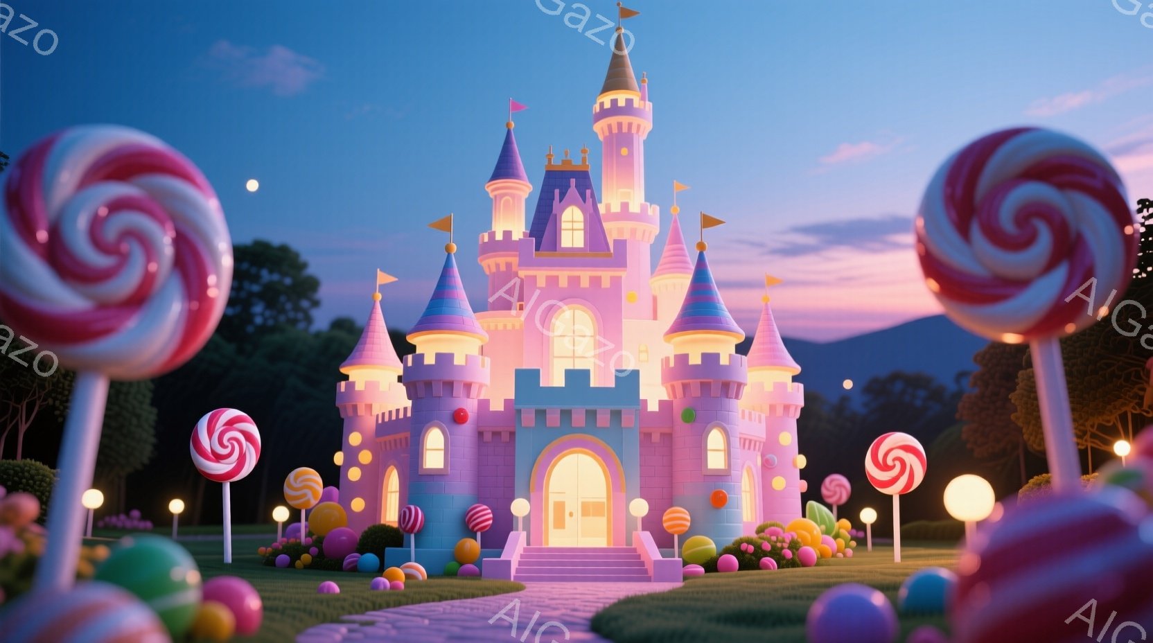 明るいピンク色の可愛らしいお城が、緑豊かな芝生の上に建っています。お城の周りにはカラフルなキャンディや丸いお菓子が散りばめられ、まるで夢のようなお菓子の国を思わせます。空は夕焼けのグラデーションで、お - AI生成フリー素材