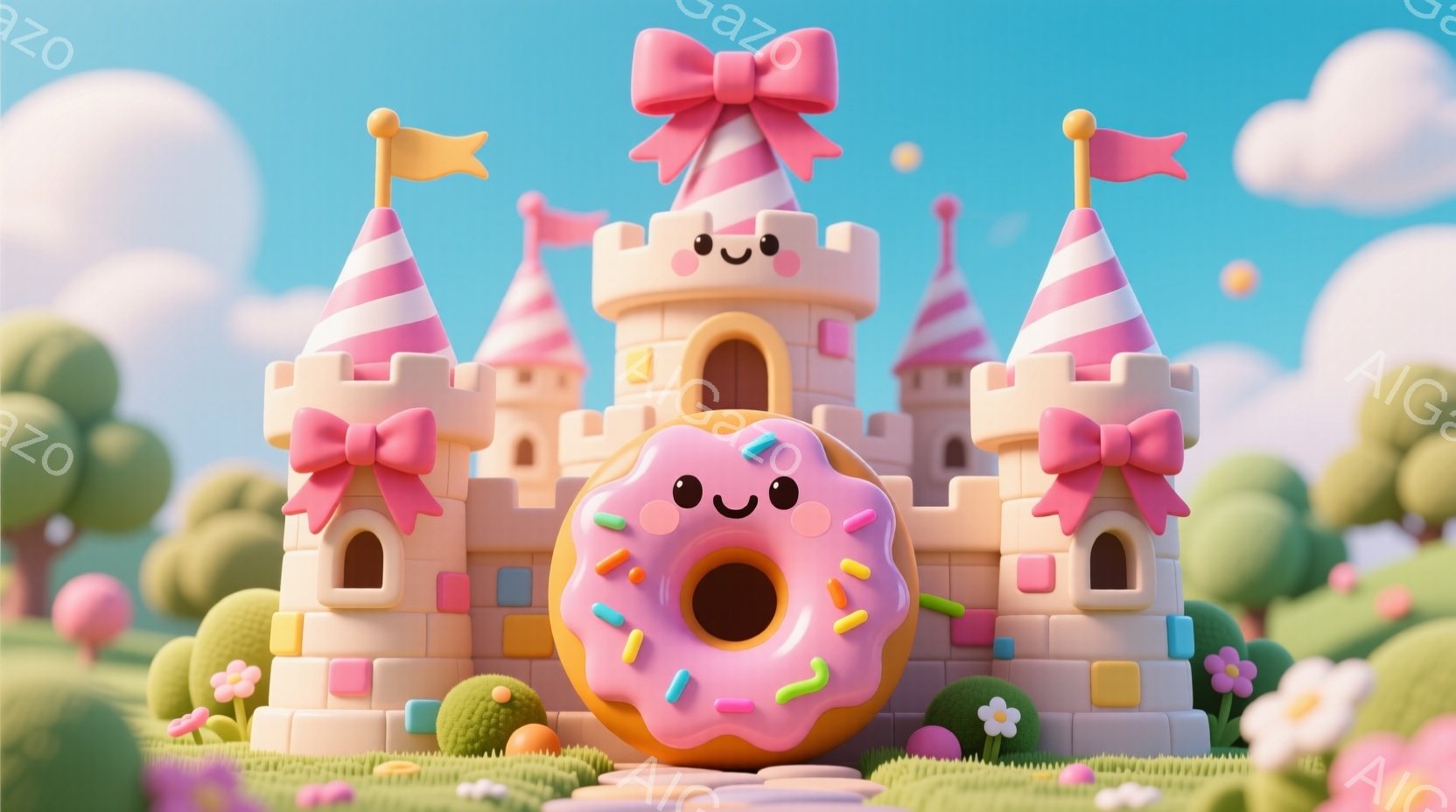 鮮やかなピンク色のアイシングがかかったドーナツが、お城のように積み重ねられた可愛らしい風景です。お城には笑顔の表情が描かれ、塔にはピンクのリボンが飾られています。背景には緑の芝生、丸い木々、花々が点在 - AI生成フリー素材