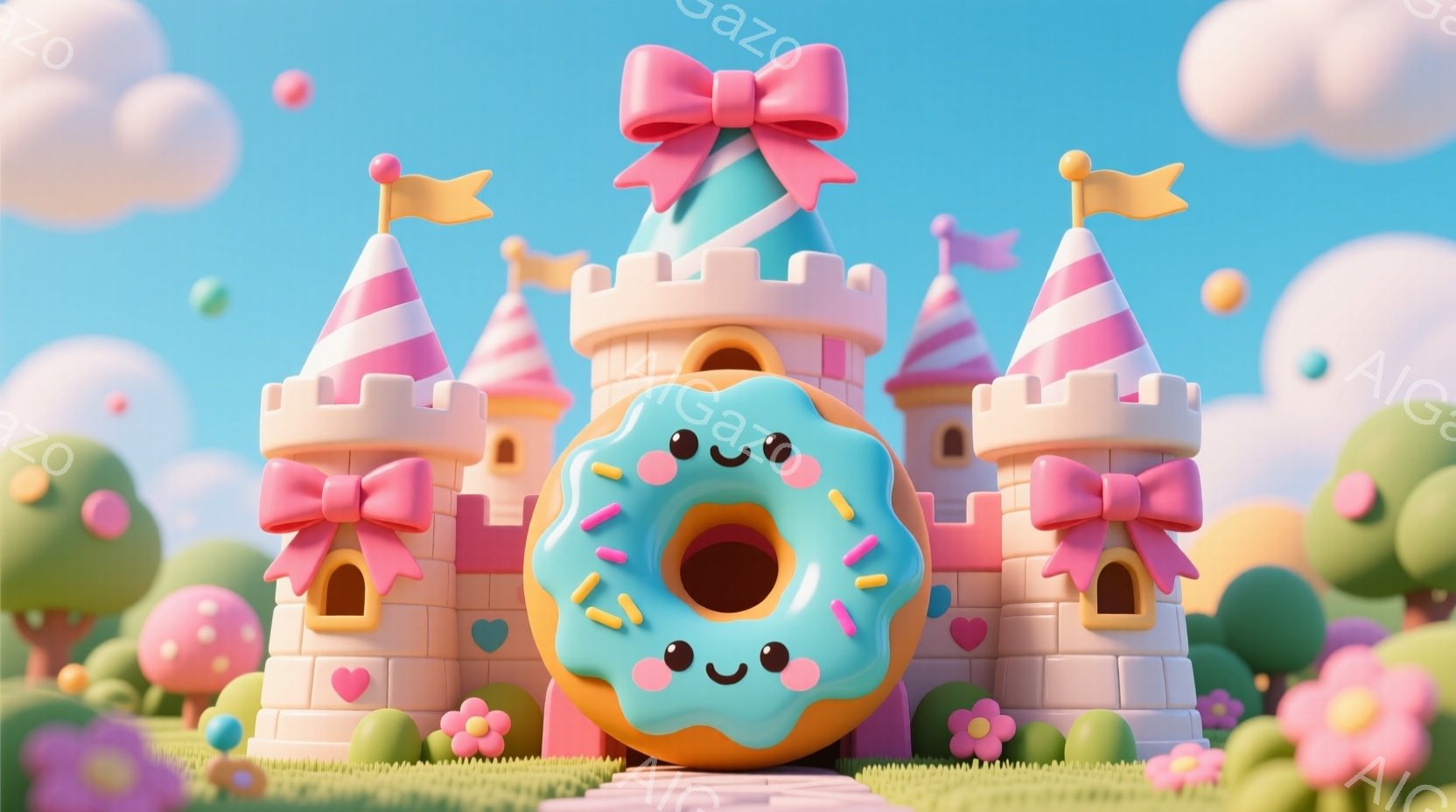 明るい青空の下、カラフルなパステルカラーのお城が並ぶファンタジーな風景が描かれています。お城は白とピンクのストライプで装飾され、各タワーには大きなリボンが飾られています。画面中央には、嬉しそうな表情を - AI生成フリー素材