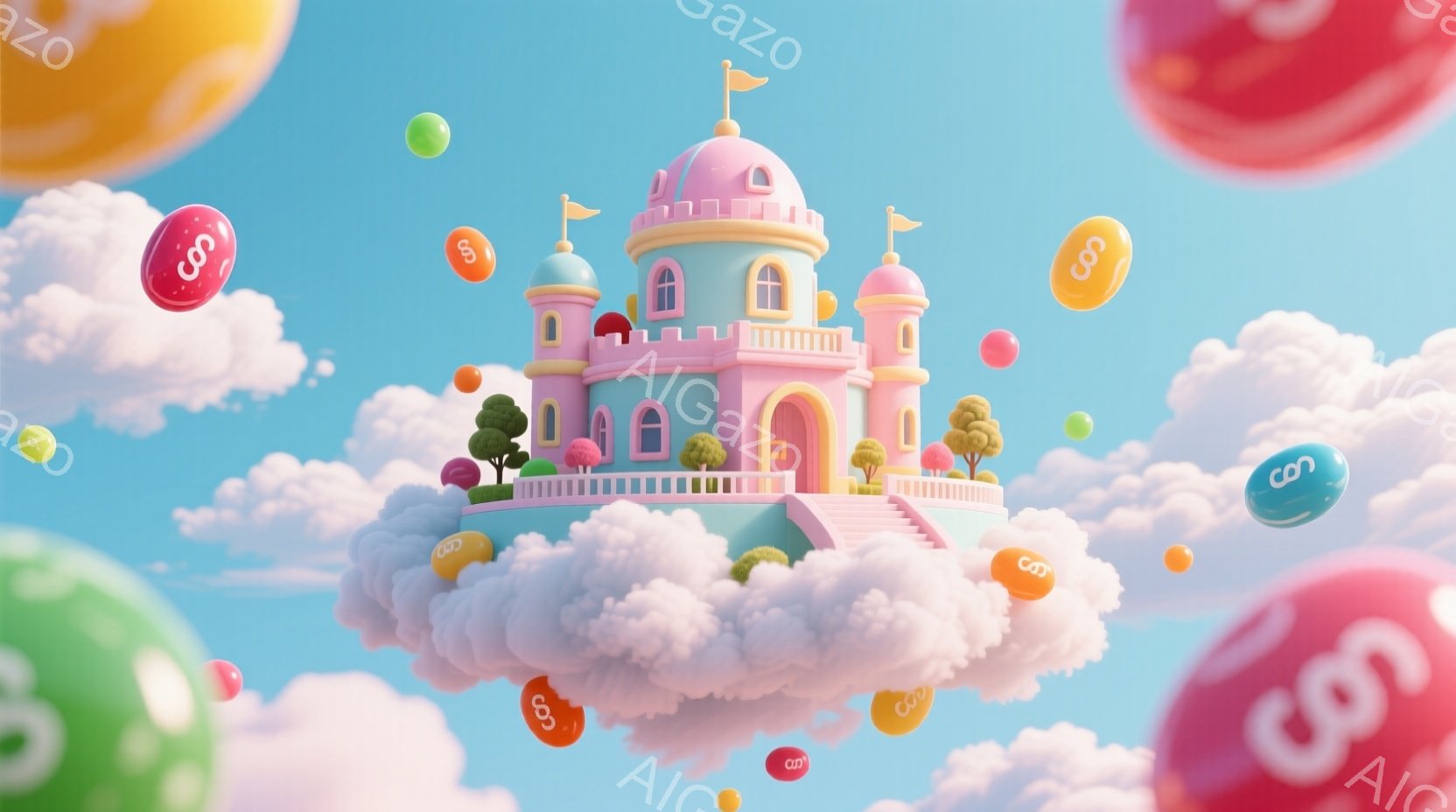 ピンク色の可愛らしいお城が、ふかふかの雲の上に浮かんでいます。お城の周りには緑の木々が点在し、空にはカラフルな丸いオブジェクトが浮かんでいます。全体的に夢のような、明るく希望に満ちた雰囲気です。 - AI生成フリー素材