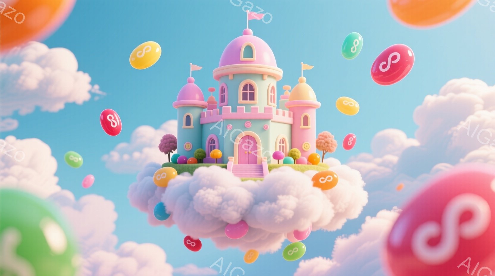 空の上に浮かぶ、パステルグリーンの可愛らしいお城が印象的な画像です。雲の上に建てられたお城は、ピンク色の屋根と丸い塔が特徴で、周囲には丸い形の木々が生い茂っています。カラフルなキャンディーのようなオブ - AI生成フリー素材