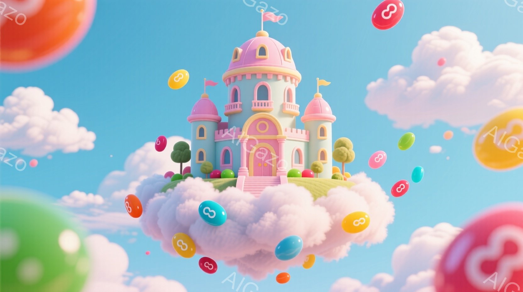 雲の上に建てられたピンクとクリーム色の可愛らしいお城が描かれています。お城の周りには色とりどりのキャンディーのようなものが浮かび、青空とふわふわの雲が背景に広がっています。全体的に夢のような、甘くて優しい雰囲気が漂っています。
