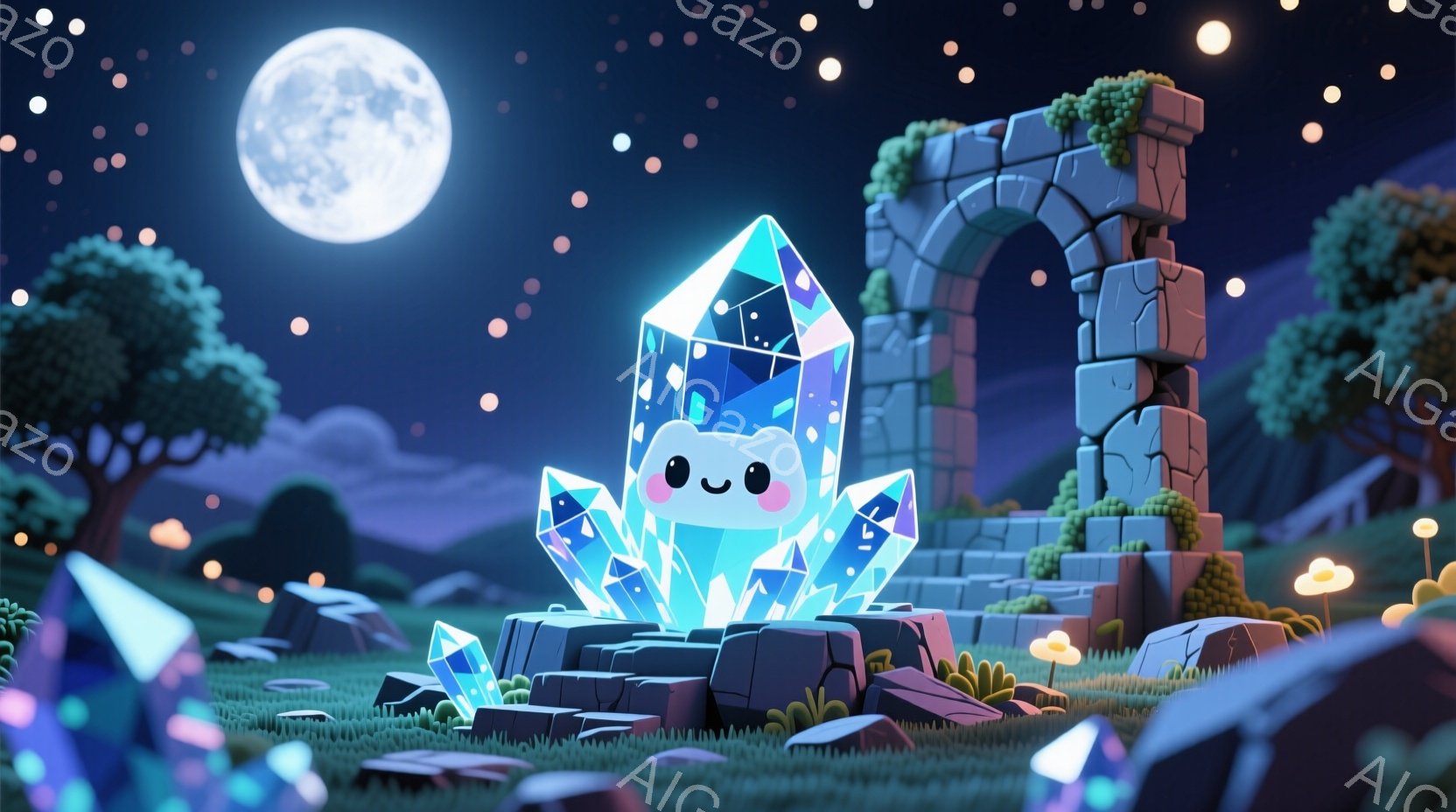 青白い光を放つクリスタルが、荒野の石の上に浮かび上がっている。クリスタルは可愛らしい顔をしており、楽しげな表情を浮かべている。背景には、崩れかけた石のアーチ、緑の丘、そして月明かりに照らされた夜空が広がり、幻想的な雰囲気を醸し出している。