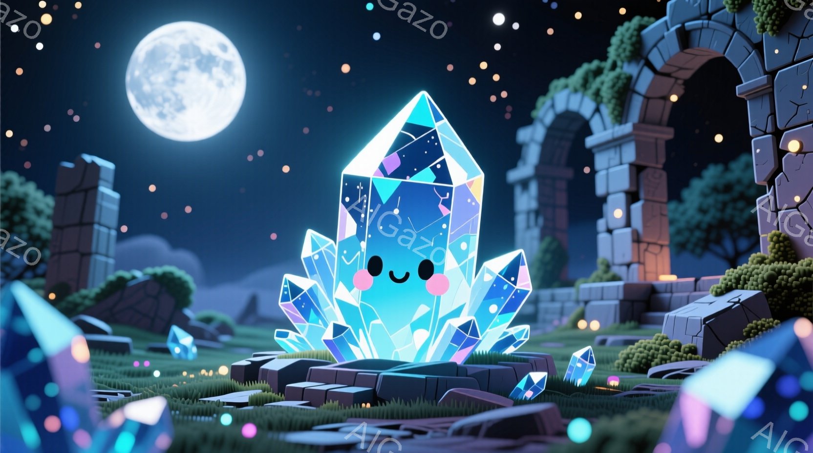 光り輝く青色の結晶が、緑の芝生と石畳の上に置かれています。背景には、崩れかけた石造りのアーチや、暗いシルエットの木々が見え、満月が夜空を照らしています。全体的に幻想的で、可愛らしい雰囲気の夜の風景です - AI生成フリー素材