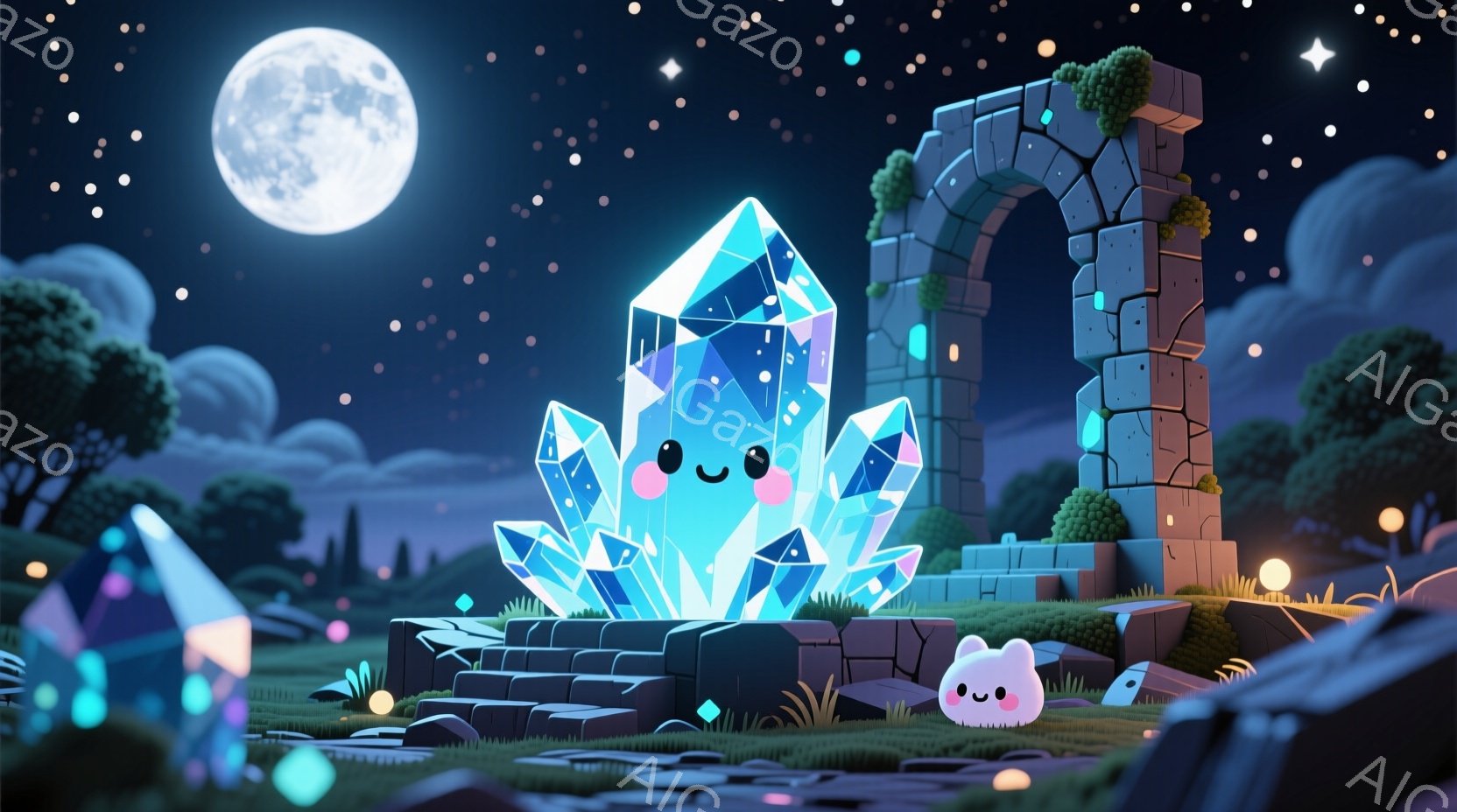 明るい青色のクリスタルが、苔むした石の台座の上に立っている様子が描かれている。背景には古びたアーチ、丸い雲、そして満月が輝き、ファンタジーのような雰囲気を作り出している。小さな白い幽霊のような生き物もクリスタルの近くにいて、可愛らしい印象を与える。