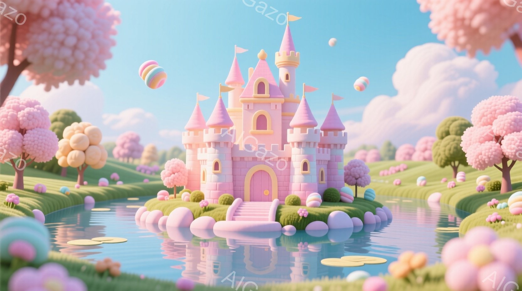 私たちは、童話のような楽しい場所にある大きなお城を見つけます。その周りには、ピンク色が多いです。天気は晴れており、日光が明るく、楽しい雰囲気が漂っています。