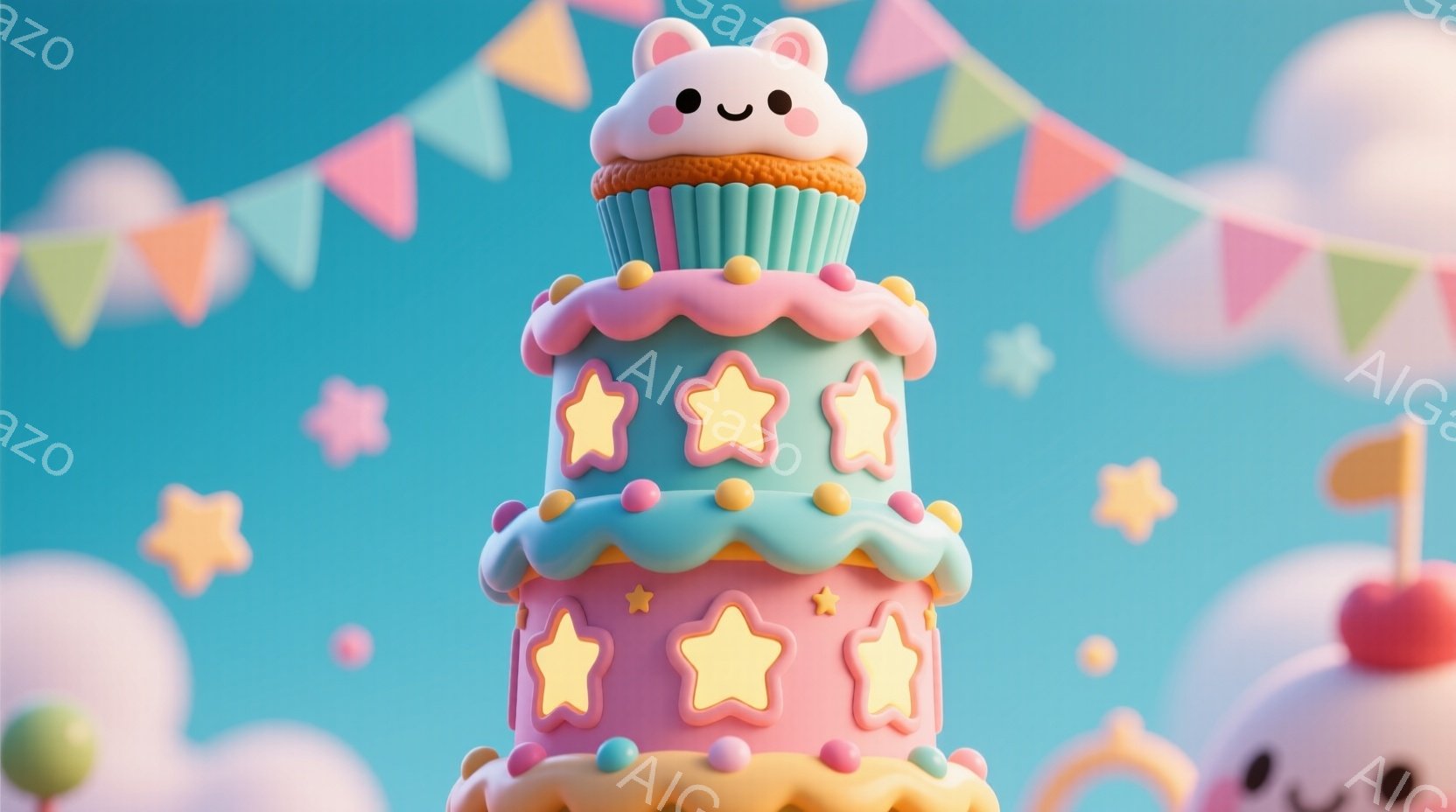 鮮やかな水色の背景に、ピンクと水色のクリームで飾られた、星形のモチーフが並ぶケーキのタワーが積み上げられています。ケーキの上部には、クリームとハートの形をした耳を持つ可愛らしい雲の形をしたケーキが乗せられており、全体的にパステルカラーで統一された夢のような雰囲気です。背景には、様々な色の星や雲のような形があり、お祝いや楽しいイベントを連想させます。