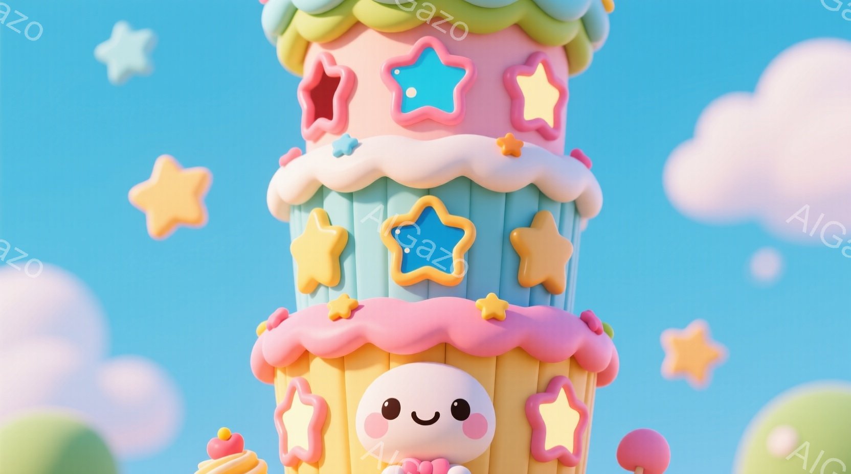 明るい青空を背景に、クリーム色、水色、黄色で構成された可愛らしいキャラクターが描かれています。キャラクターはまるで積み重ねられたケーキのように見え、顔には笑顔が浮かび、頭にはピンク色のフリルが付いてい - AI生成フリー素材
