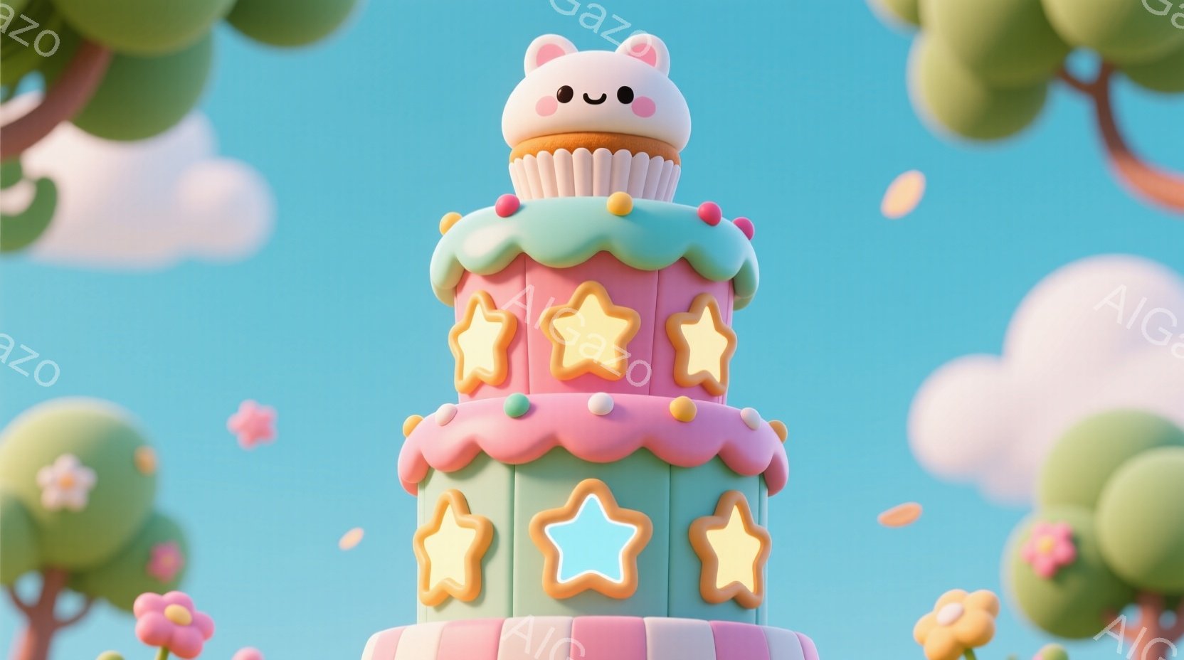 鮮やかなピンクと水色のストライプが特徴の、可愛らしい多層ケーキが中央にあります。ケーキの最上部には、クリームと小さな耳が付いた、愛らしいカップケーキのキャラクターが飾られています。背景は明るい青空と、 - AI生成フリー素材