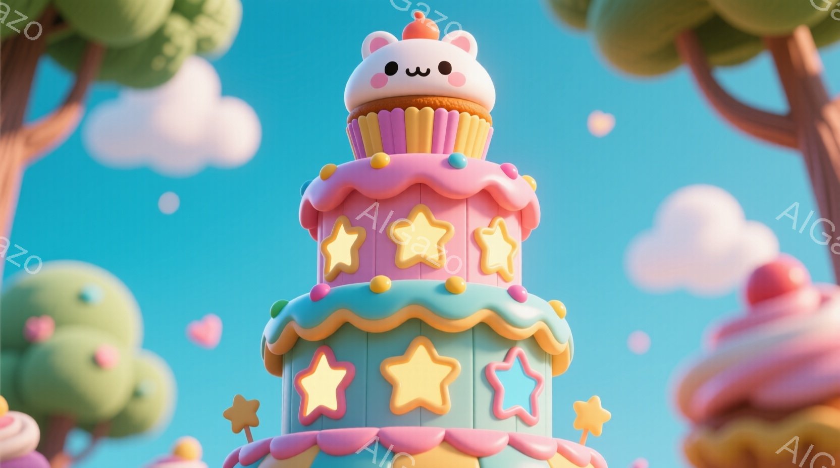 鮮やかなターコイズブルーとピンクのクリームで飾られた巨大なカップケーキの塔が印象的な画像です。星形のトッピングが散りばめられ、可愛らしいクマの顔が最上部に飾られています。背景には、パステルカラーの雲と - AI生成フリー素材