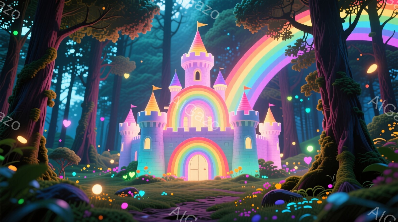 鮮やかなピンク色の城が、虹のアーチの下にひときわ輝いています。周囲は緑豊かな森で、足元にはカラフルなきのこや光る植物が生い茂り、幻想的な雰囲気を醸し出しています。全体的に明るく、おとぎ話のような温かい - AI生成フリー素材
