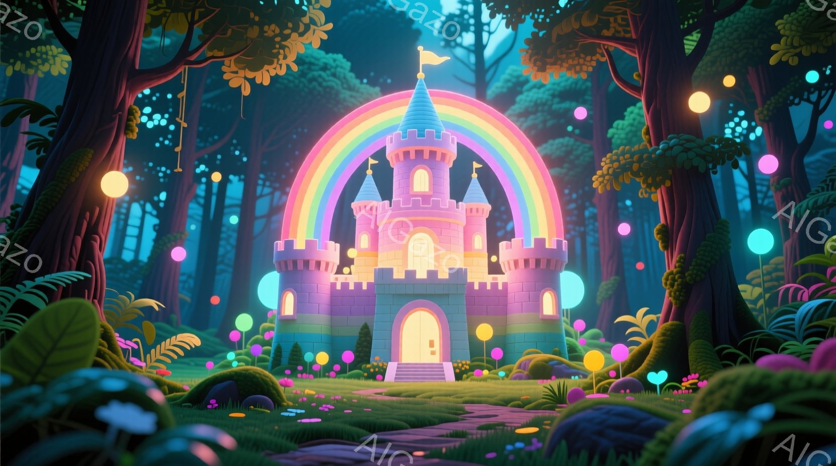 鮮やかなピンク色の城が、虹に架かるようにそびえ立っており、ファンタジーの世界を思わせる光景です。城の周りには、色とりどりのきのこや植物が生い茂り、空中には光る球体が浮かんでいます。全体的に夢幻的で、温かく、遊び心のある雰囲気が漂っています。