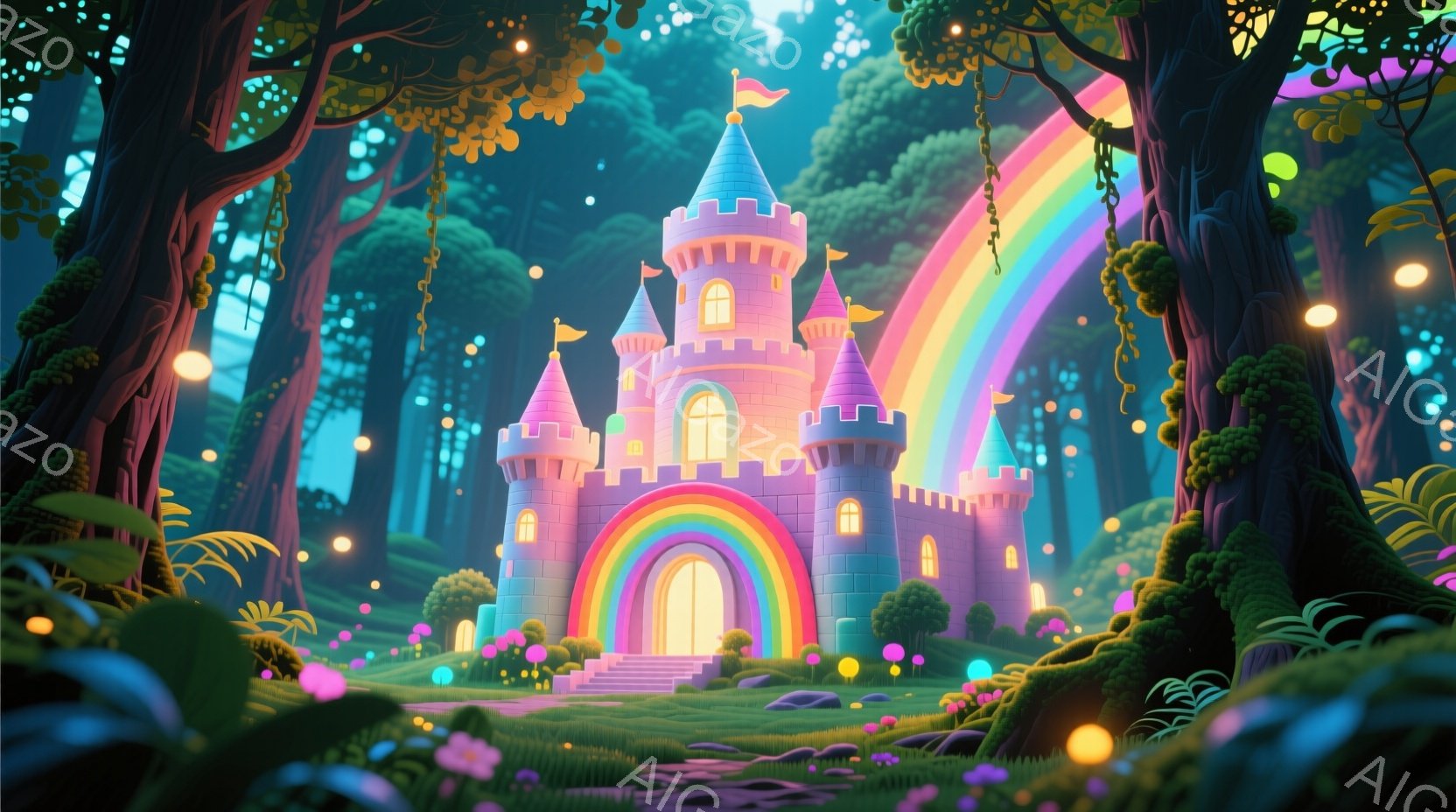 鮮やかなピンク色の城が、虹色のアーチの下にそびえ立っています。周囲は緑豊かな森で、小さなキノコや植物が点在し、幻想的な雰囲気を醸し出しています。全体的に暖かく、おとぎ話のような夢幻的な世界が描かれてい - AI生成フリー素材