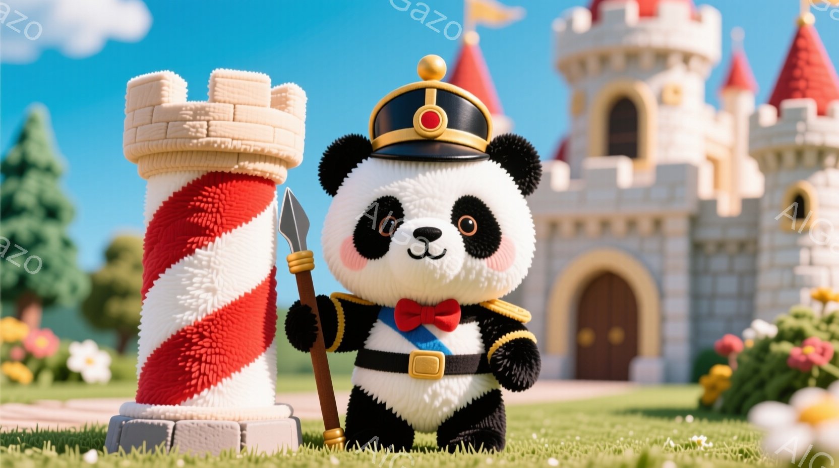 パンダが兵士の制服を着て立っており、赤いストライプの柱の隣にいます。制服は黒と白で、赤い蝶ネクタイと金色の装飾が施されており、小さな槍を持っています。背景にはおとぎ話のようなお城と緑豊かな自然が広がり - AI生成フリー素材