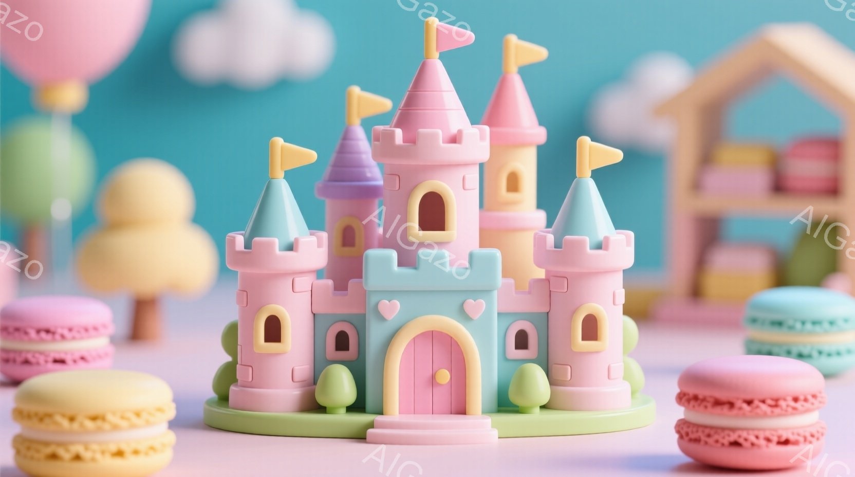 パステルカラーの可愛らしいお城が中央に配置され、マカロンや風船などのスイーツが周囲を彩っています。お城はピンクと水色のストライプで装飾され、緑色の台座の上に立っており、全体的に夢のような雰囲気です。背 - AI生成フリー素材