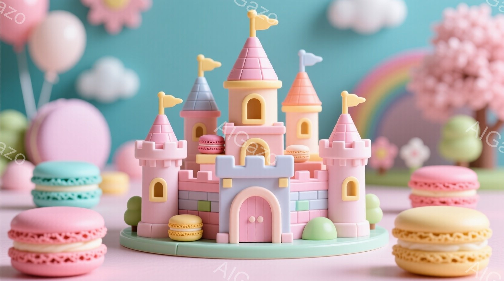 淡いピンク色の背景に、マカロンや可愛らしい建物が配置された、夢のような世界が広がっています。お城のような建物はピンクと白を基調とし、パステルカラーのマカロンが周囲を彩り、まるでデザートの国にいるようで - AI生成フリー素材