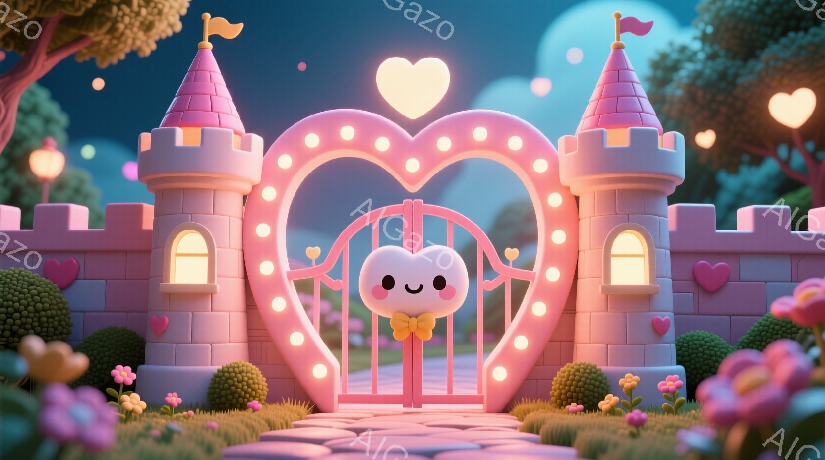ピンク色の可愛らしいお城の門が印象的な画像です。門はハート型で、中央には笑顔のピンク色のキャラクターがおり、黄色いリボンをつけています。背景には緑の茂みや花が咲き乱れ、遠くにはお城の塔が見え、全体的に - AI生成フリー素材