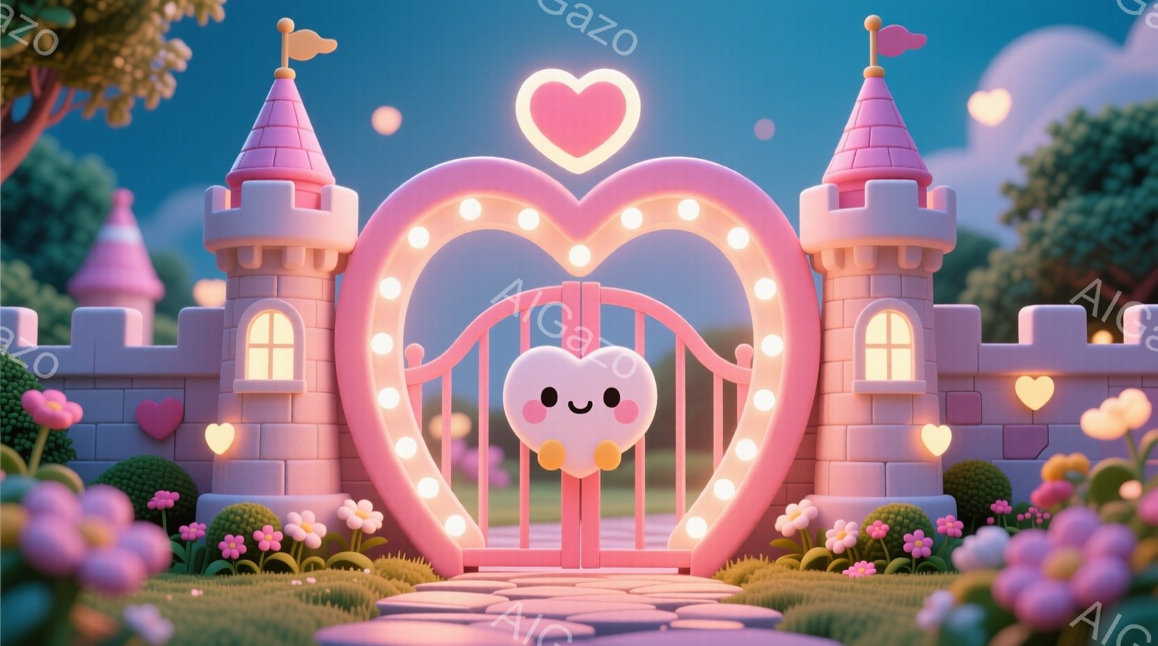 明るいピンク色の可愛らしいお城の入り口が印象的な画像です。ハート型のゲートには笑顔の雲のキャラクターが描かれており、ピンクと白の花々が咲き乱れる道へと続いています。背景にはパステルカラーの空と、遠くに - AI生成フリー素材