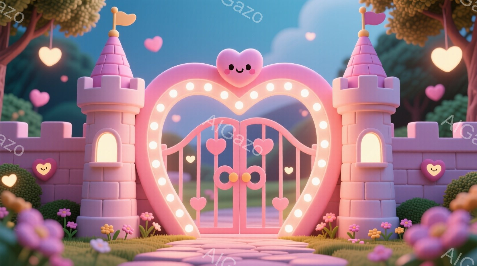 ピンク色の可愛らしいお城の入り口が印象的な画像です。ハート型のアーチ状の門には電球が飾られ、周りには花が咲き乱れ、まるで夢のような世界が広がっています。背景には緑豊かな木々が生い茂り、全体的にパステル - AI生成フリー素材