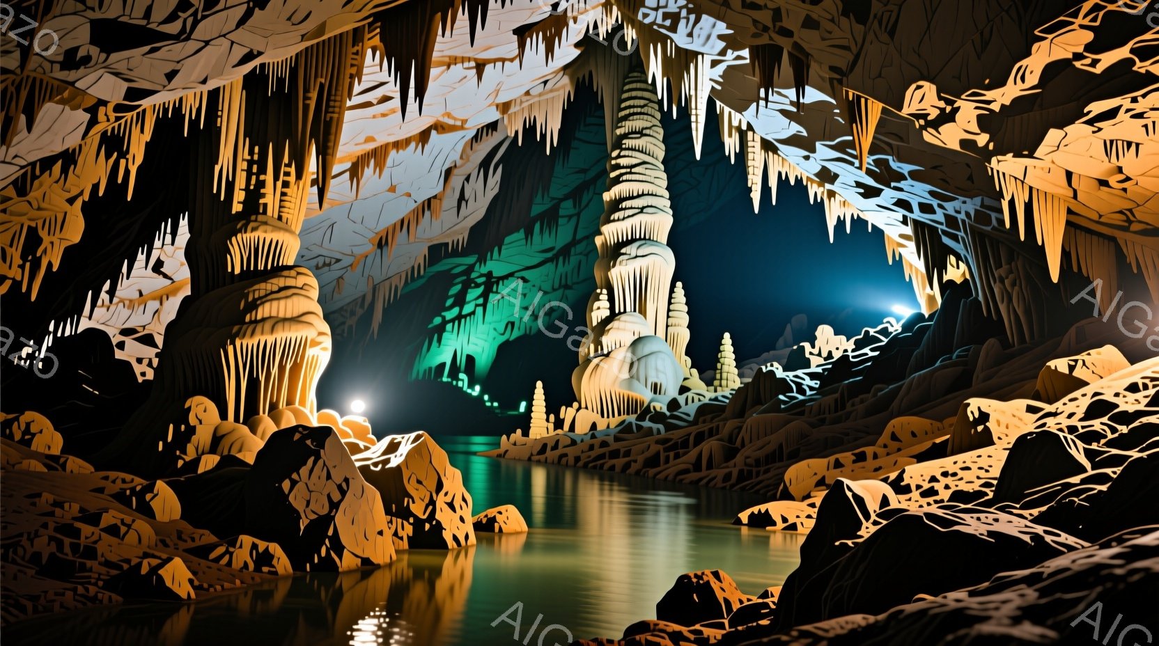 洞窟内の水路が描かれており、水面は穏やかで緑色を帯びている。天井からは無数の鍾乳石が降りてきており、独特の光と影を作り出している。全体的に幻想的で神秘的な雰囲気が漂い、静寂と自然の美しさを感じさせる。