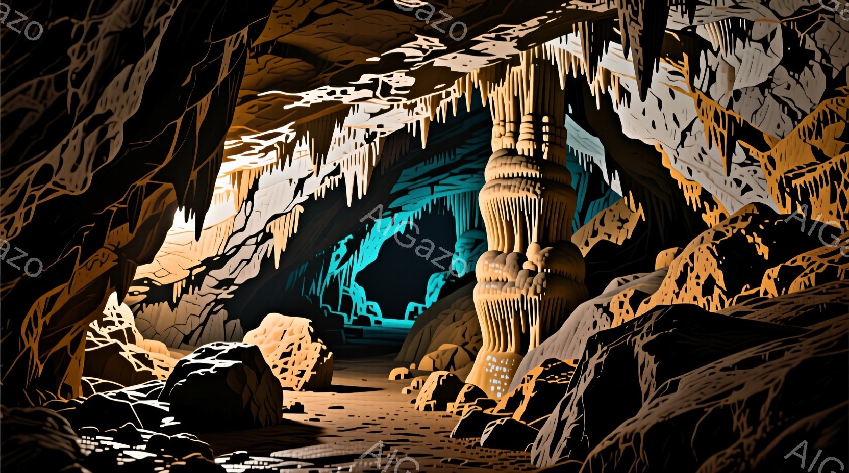 洞窟内は、石筍や鍾乳石が織りなす幻想的な空間が広がっている。光が差し込み、岩肌や地面が照らされ、神秘的な雰囲気を醸し出している。岩石の配置が独特な景観を作り出し、静寂と荘厳さが感じられる。