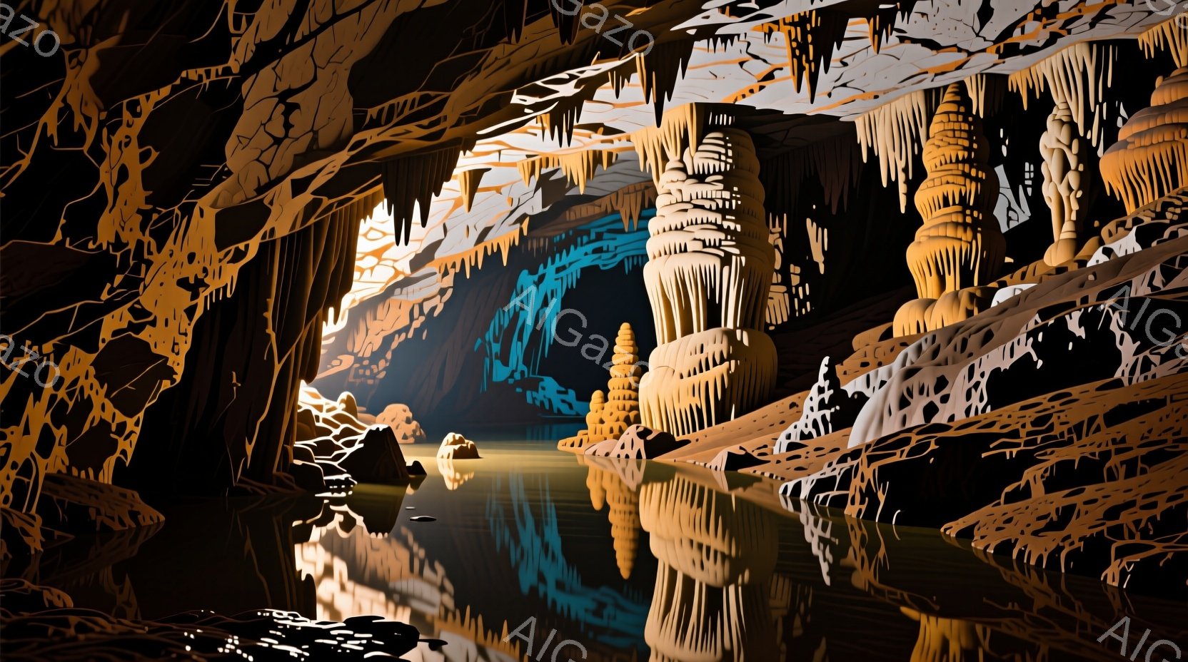 洞窟内部の湿った光景が描かれている。天井からは無数の鍾乳石が垂れ下がり、その一部は水面に反射して幻想的な光景を作り出している。水面は静かで、鍾乳石と周囲の岩壁が鮮明に映り込み、静寂と神秘的な雰囲気を醸し出している。