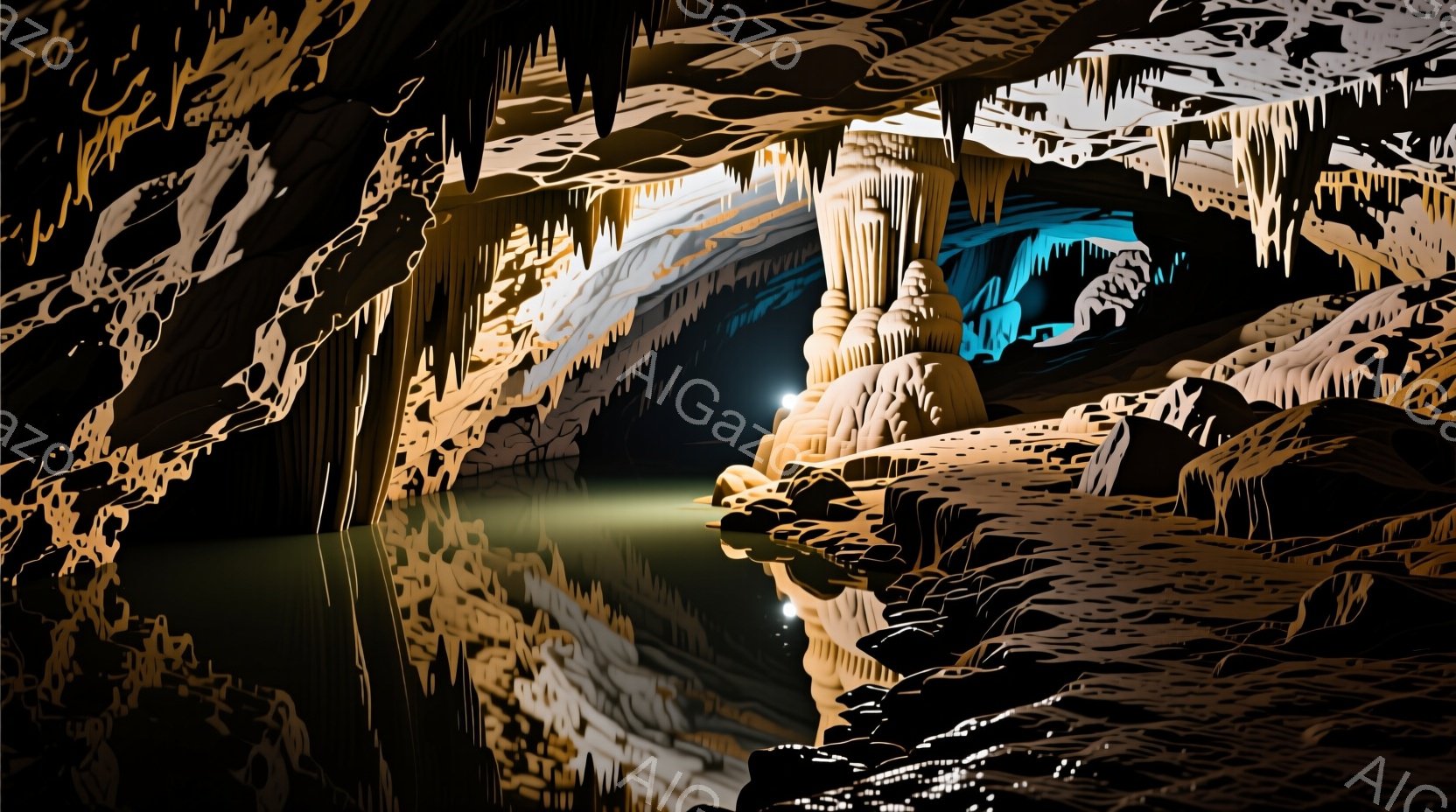 洞窟内の水面に光が反射し、幻想的な光景が広がっている。鍾乳石や石筍が複雑な形を作り出し、水面にその姿を映し出しているため、まるで別世界に迷い込んだかのような雰囲気を醸し出している。水面は静かで穏やかであり、周囲の岩肌とのコントラストが、神秘的な空間を強調している。