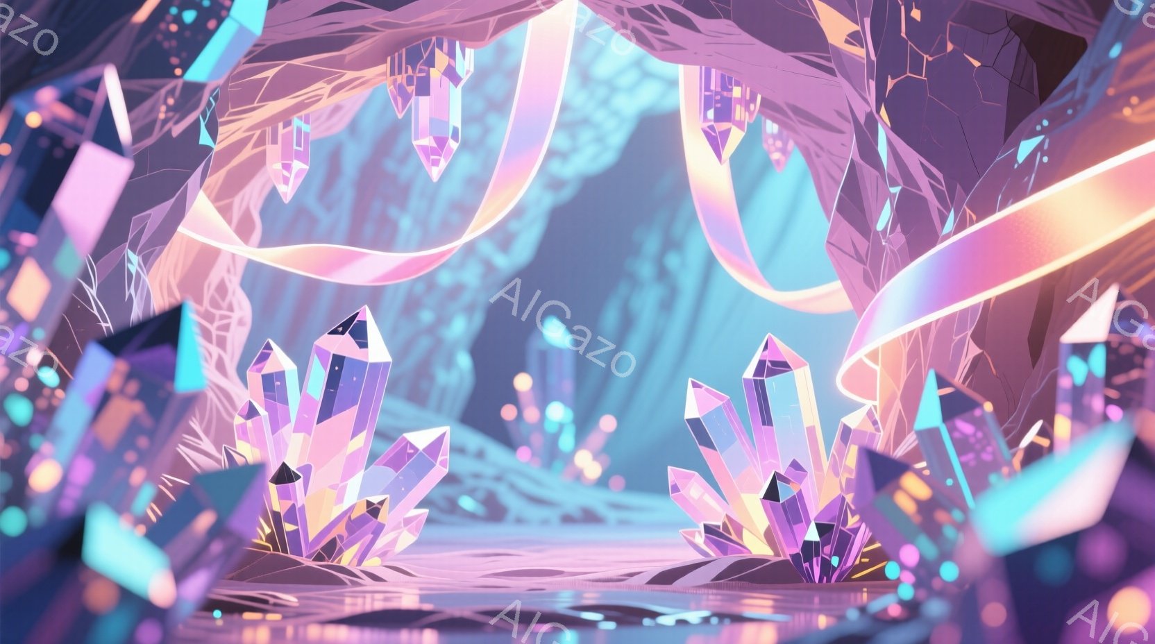 鮮やかな紫色の結晶が、洞窟のような空間に密集して生えている様子が描かれています。結晶は様々な形と大きさで、光を反射して幻想的な輝きを放っています。背景は暗く、結晶の光が周囲を照らし出すことで、神秘的で美しい雰囲気が漂っています。