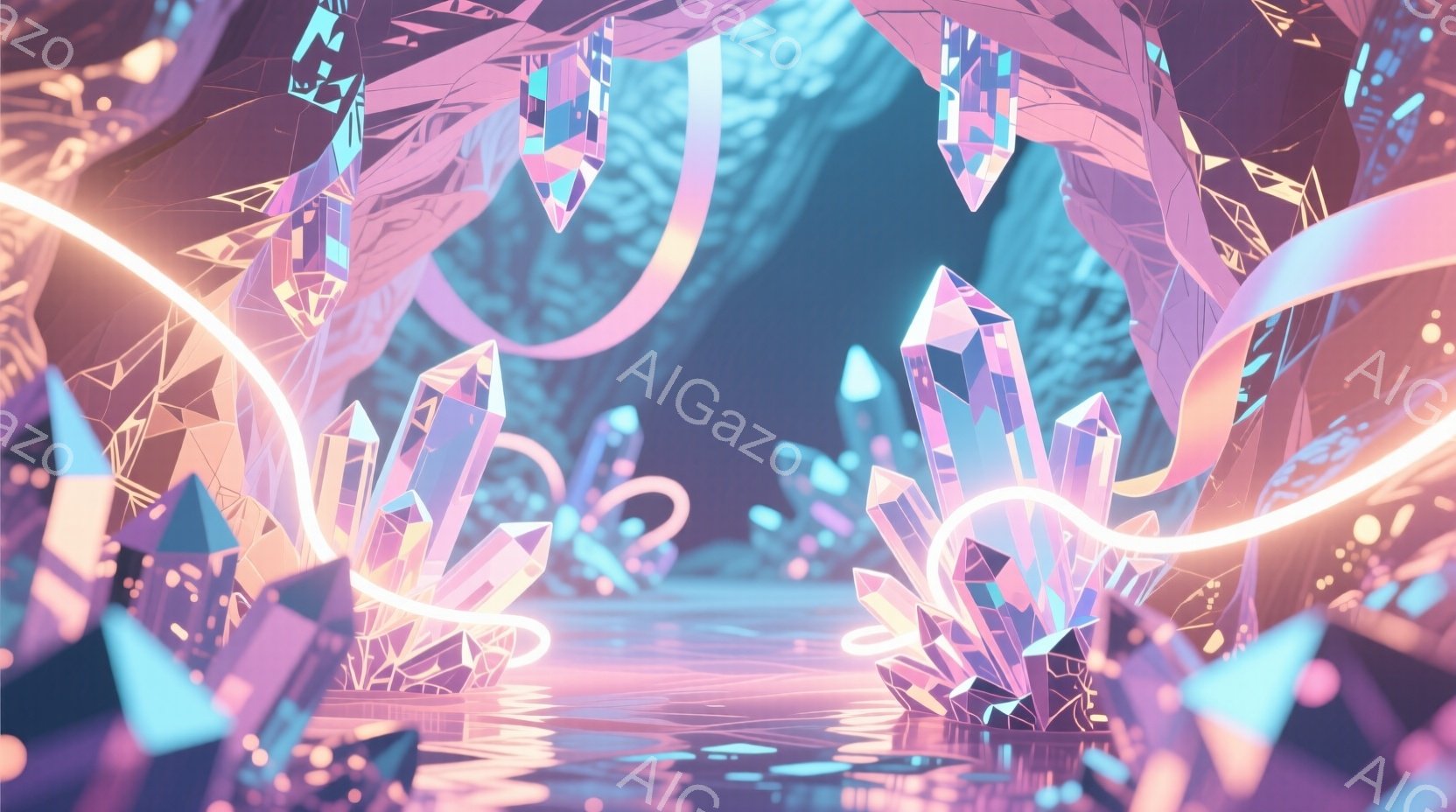 鮮やかな紫とピンクのクリスタルが密集した幻想的な空間が描かれている。クリスタルは様々な形と大きさで、まるで洞窟のような構造を作り出しており、地面にはそれらの反射が水面のようになっている。全体的に神秘的 - AI生成フリー素材