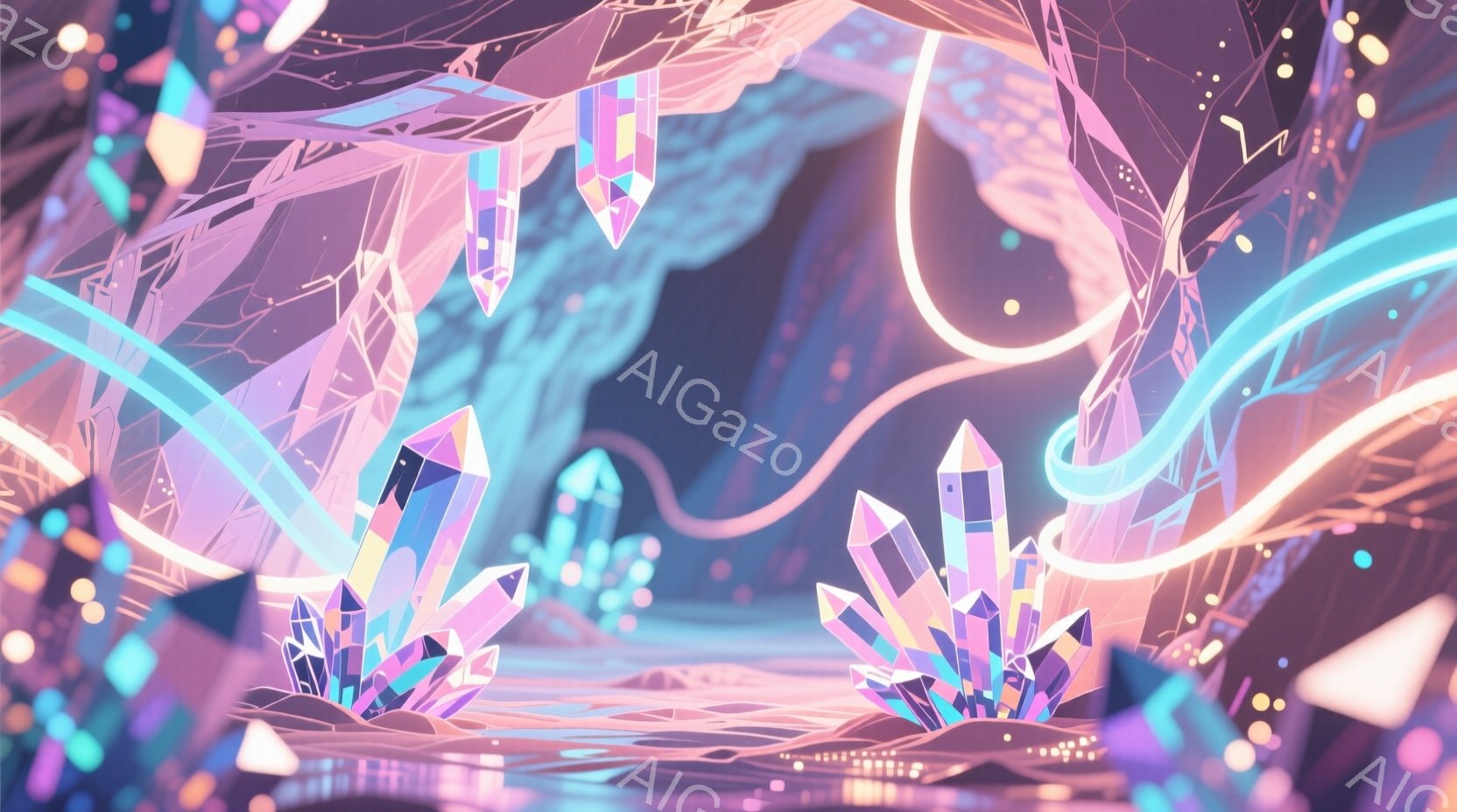 幻想的な洞窟内部が描かれており、様々な大きさの紫や水色の結晶が地面から生え、光を放っている。背景は暗く、まるで深海のような雰囲気で、上部にはねじれた光の帯が舞っている。全体的に神秘的で、夢の中のような美しい光景が広がっている。