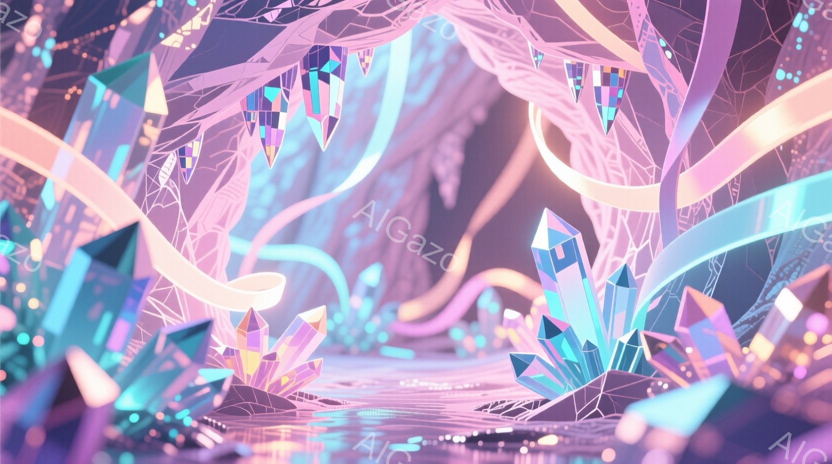 鮮やかな紫、青、ピンク色の結晶が密集した幻想的な風景が広がっている。結晶は多面体で構成され、光を反射してきらめき、まるで別世界のような雰囲気を醸し出している。背景はぼやけており、結晶の形と色彩が際立ち - AI生成フリー素材