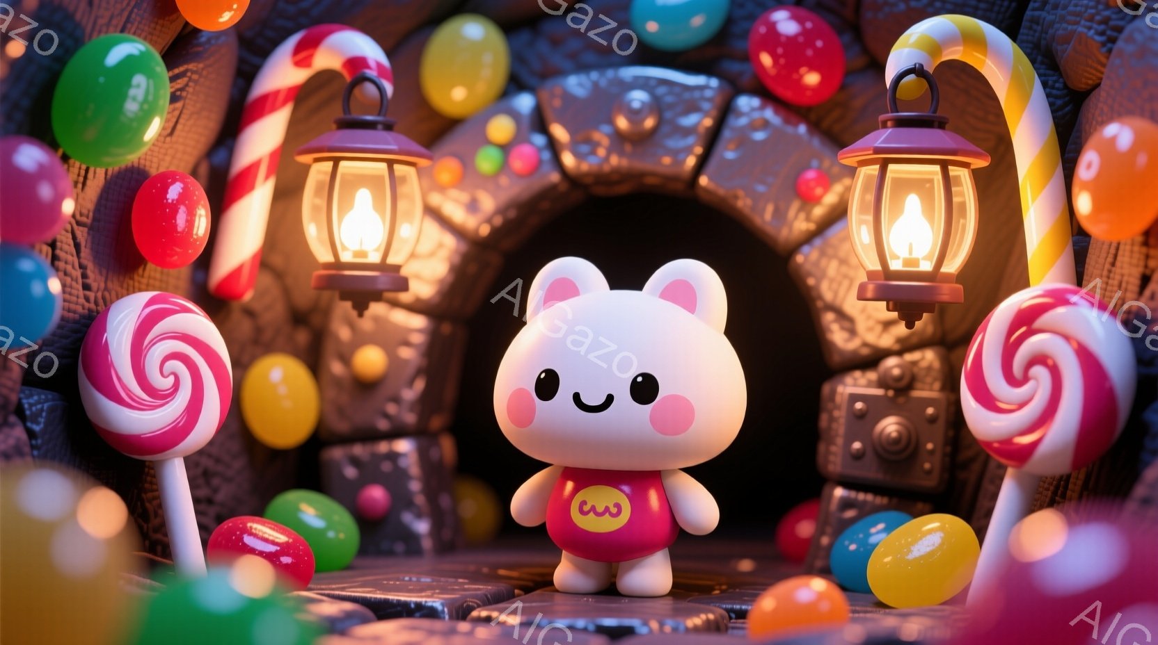 白くて丸いキャラクターが、赤いシャツを着て、立っています。背景には、カラフルなキャンディやランプが並び、おとぎ話のような雰囲気を醸し出しています。全体的に甘くて夢のような世界観で、まるで絵本の中に入り込んだようです。