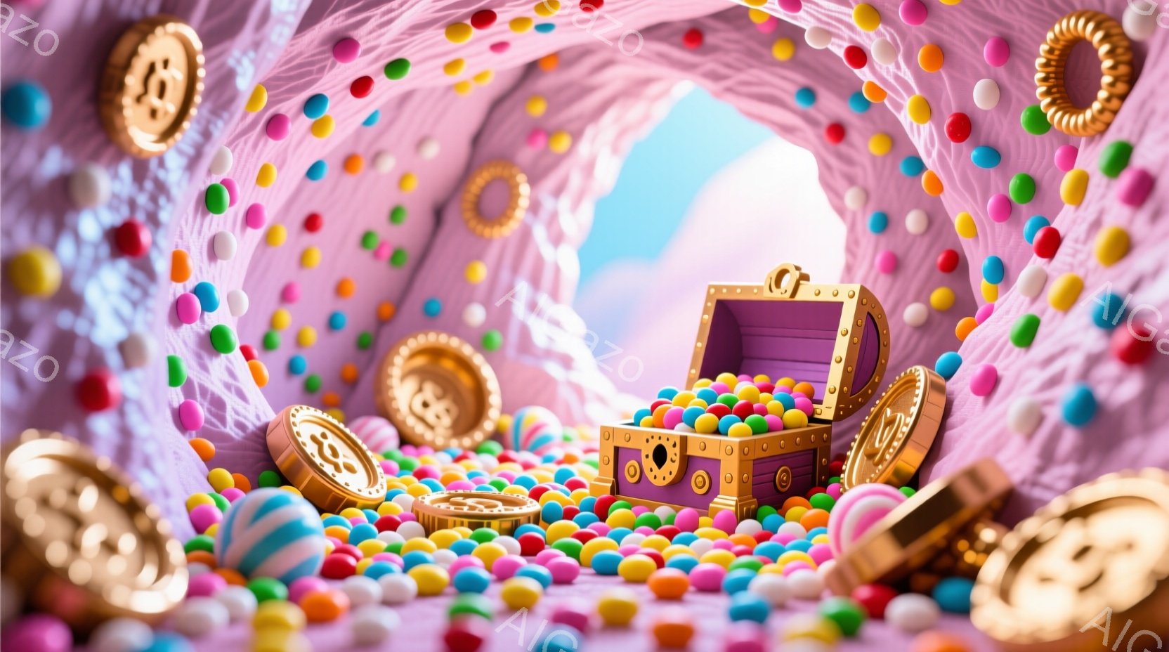 明るい紫色のトンネルのような空間に、大量のカラフルな球体と金色のコインが散らばっている様子を捉えています。中央には、開いた宝箱があり、中も球体でいっぱいです。全体的に夢のような、おもちゃ箱をひっくり返 - AI生成フリー素材