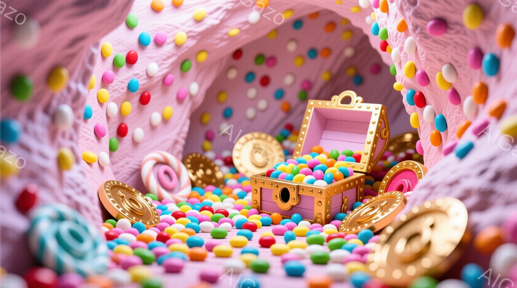 明るいピンク色の背景に、カラフルなキャンディーや金貨が散らばる中に、紫色の宝箱が置かれています。宝箱は開いており、中には何も見えません。背景は、まるでキャンディーランドのような、夢のような雰囲気で、楽しくて明るい気分になります。