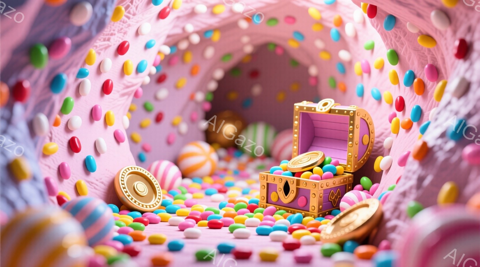 カラフルなキャンディーで満たされたトンネル内に、開いた宝箱が置かれています。宝箱の中には金貨が散りばめられており、周囲にもキャンディーと渦巻き状の棒付きキャンディーが散らばっています。全体的に明るく、夢のような甘い世界観を表現しています。