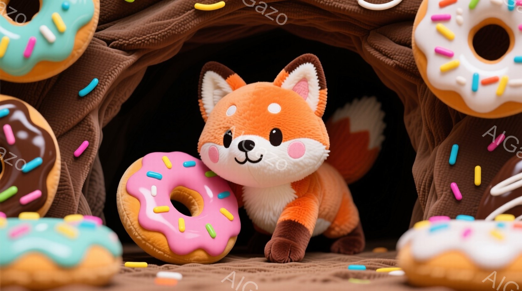 可愛らしいキャラクターのフォックスが、カウンター上に乗っているドナツを囲むようなチョコレートケーキの中に入っています。フォックスは、細かい毛皮を持ち、表情がほんわかで、カウンターの前で勇敢に姿勢をとります。背景には、大きなドナツが描かれており、甘いアイスクリームやジューシーバニラソフトサンディの下にあるようにも見えます。