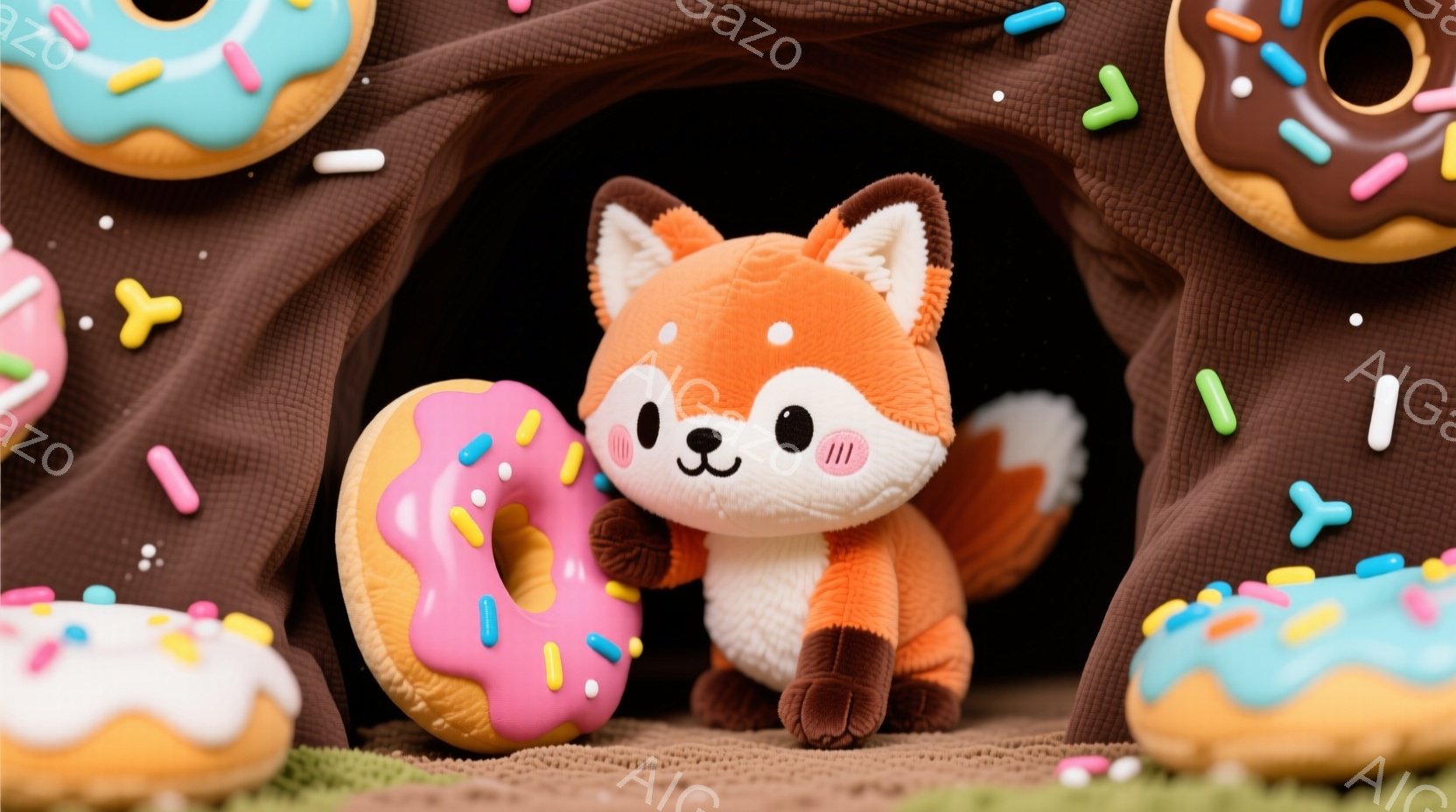 ふわふわのオレンジ色のキツネのぬいぐるみは、緑色の短い芝生の上に座って、ピンク色のアイシングと黄色いスプリンクルが付いた大きなドーナツの隣にいます。背景はチョコレート色の壁で、周囲には様々な色のドーナ - AI生成フリー素材