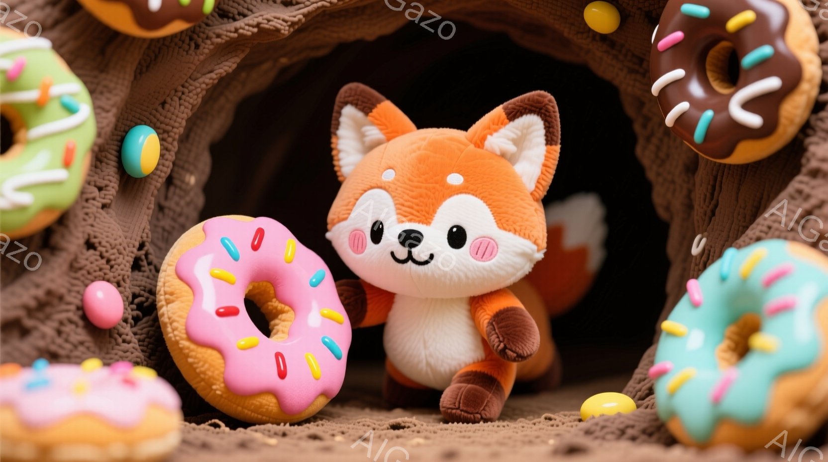 ふわふわのオレンジ色のキツネのぬいぐるみは、茶色の洞窟のような背景の中で、ピンク色のドーナツと青緑色のドーナツに囲まれています。キツネは笑顔で、前足を少し上げて、おもちゃのような楽しそうな雰囲気です。 - AI生成フリー素材