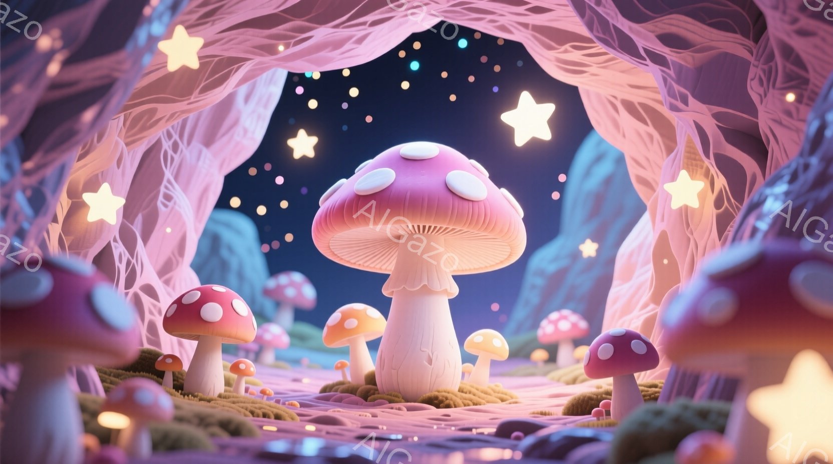 鮮やかなピンクと紫色のキノコが、苔むした地面に点在する幻想的な風景です。背景には、ねじれた根のようなものが洞窟のように広がり、星が散りばめられた夜空が覗きます。全体的に、夢のような、おとぎ話のような、優しい雰囲気が漂っています。