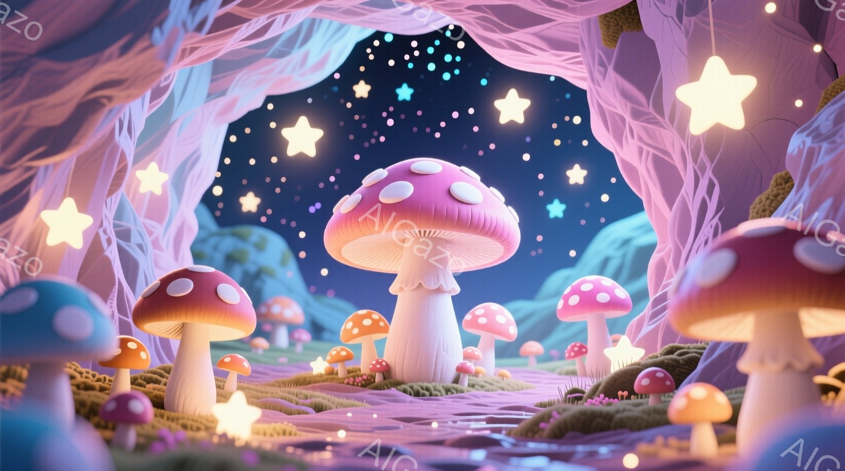 幻想的なキノコの森が広がり、ピンクや水色の可愛らしいキノコが地面から生えている。背景は暗い空に星が散りばめられ、キノコからは柔らかい光が放たれ、全体的に夢のような雰囲気を醸し出している。 キノコの周り - AI生成フリー素材