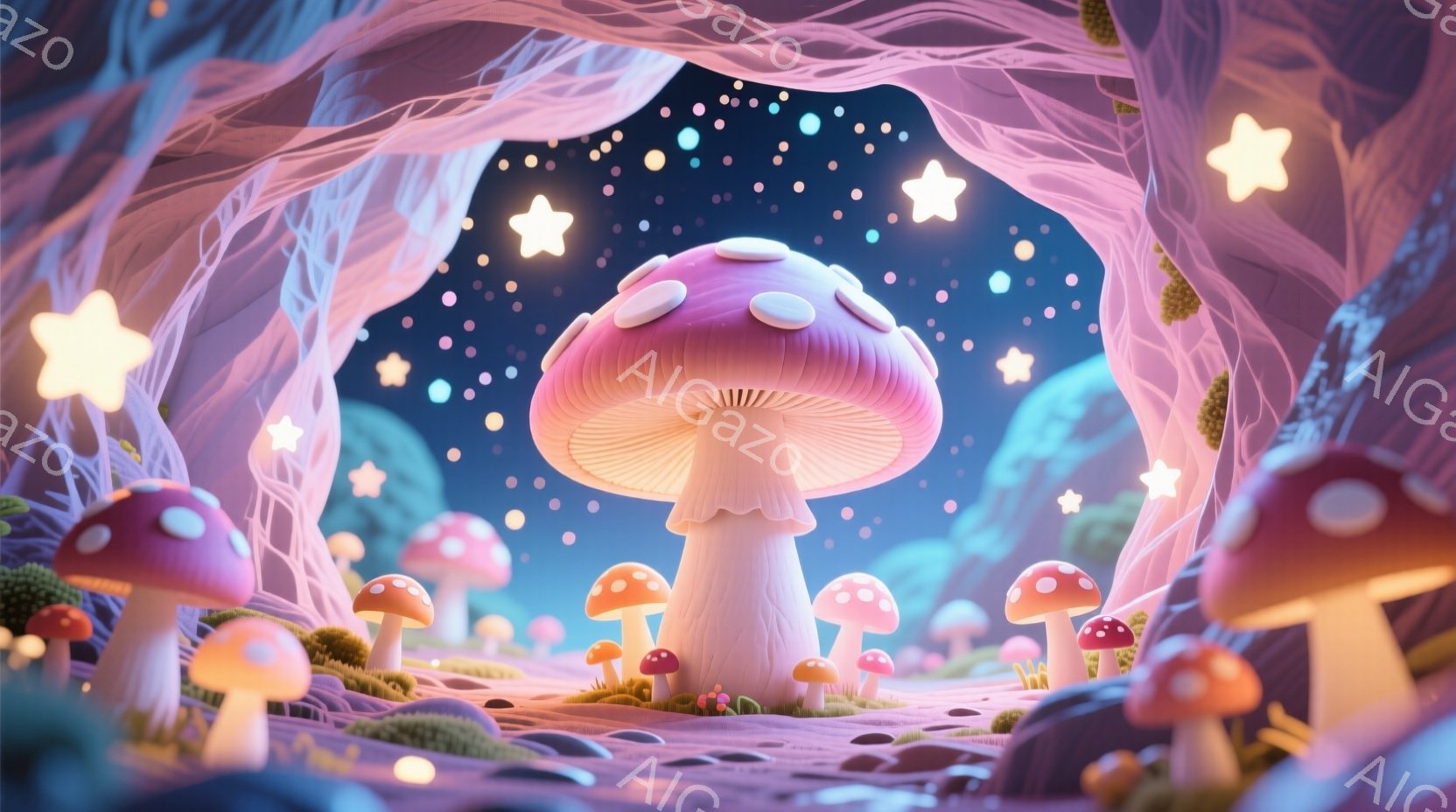 鮮やかなピンクと白のキノコが、ねじれたトンネルのような空間に無数に生えている幻想的な風景です。背景は深い青色で、星のような光が散りばめられており、全体的に夢のような雰囲気を醸し出しています。地面は小石 - AI生成フリー素材