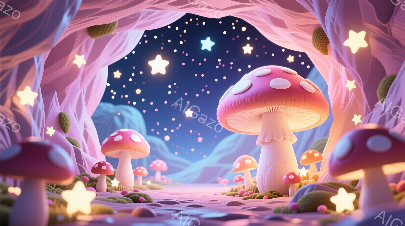 鮮やかなピンクと白のキノコが並ぶ幻想的な空間が描かれています。背景は深い紫色の空が広がり、星と光る星形が散りばめられています。全体的に柔らかく、夢のような雰囲気で、光と色彩が魔法のような世界観を作り出 - AI生成フリー素材