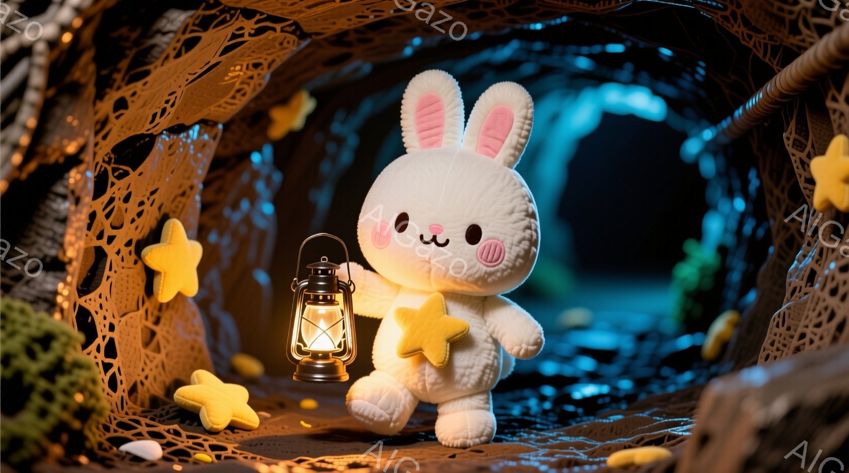 白くてふわふわのウサギのぬいぐるみが、暗い洞窟の中で提灯を持って立っています。周りには金色の星が散りばめられており、洞窟の壁は複雑な模様で覆われています。全体的に幻想的で、少し神秘的な雰囲気が漂ってい - AI生成フリー素材