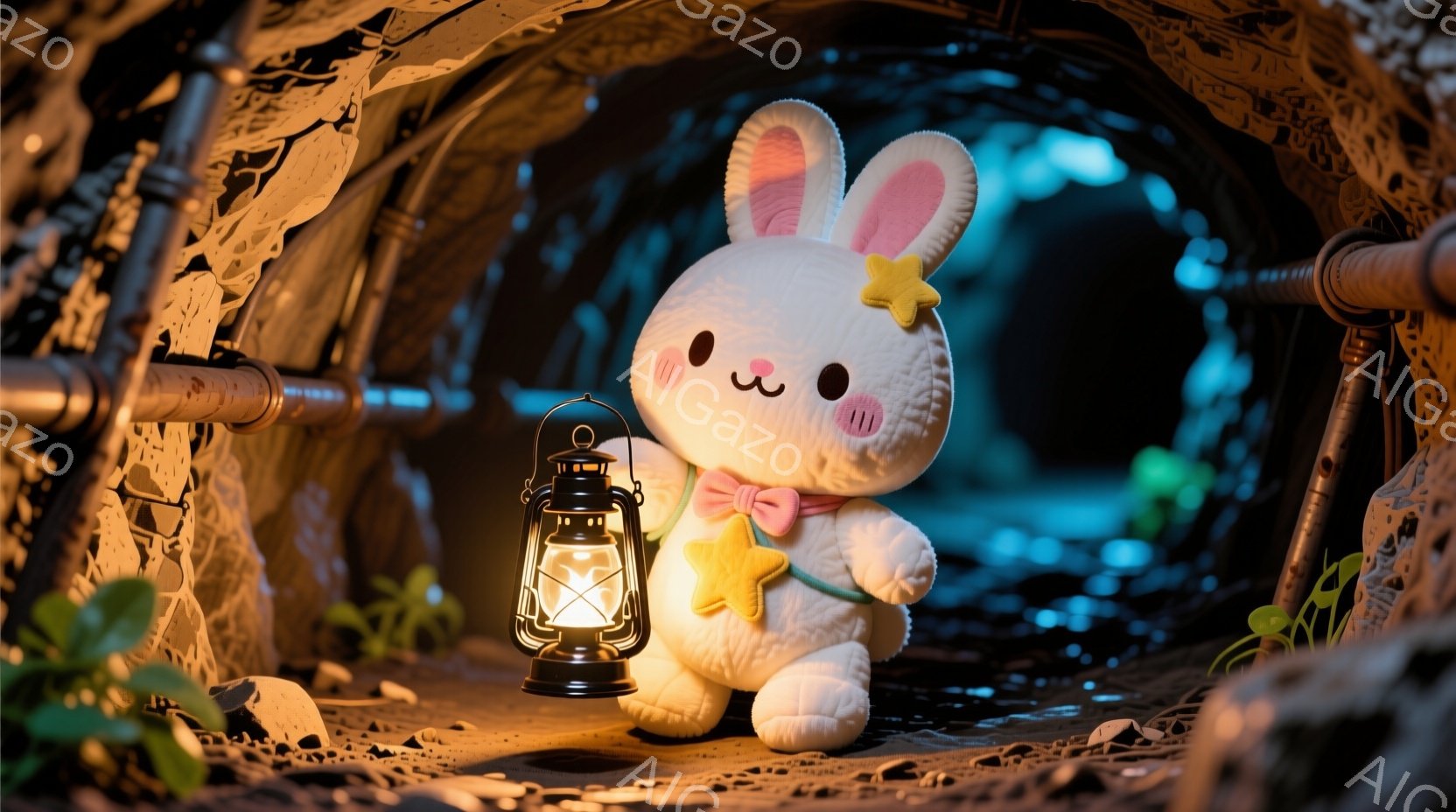 白いふわふわのウサギのぬいぐるみが、トンネルの中に立っている。ウサギはピンクの小さな鼻と、星の形のアクセサリーが付いた黄色のリボンを結んだ淡いピンク色の服を着ており、優しい表情をしている。背景は石造り - AI生成フリー素材