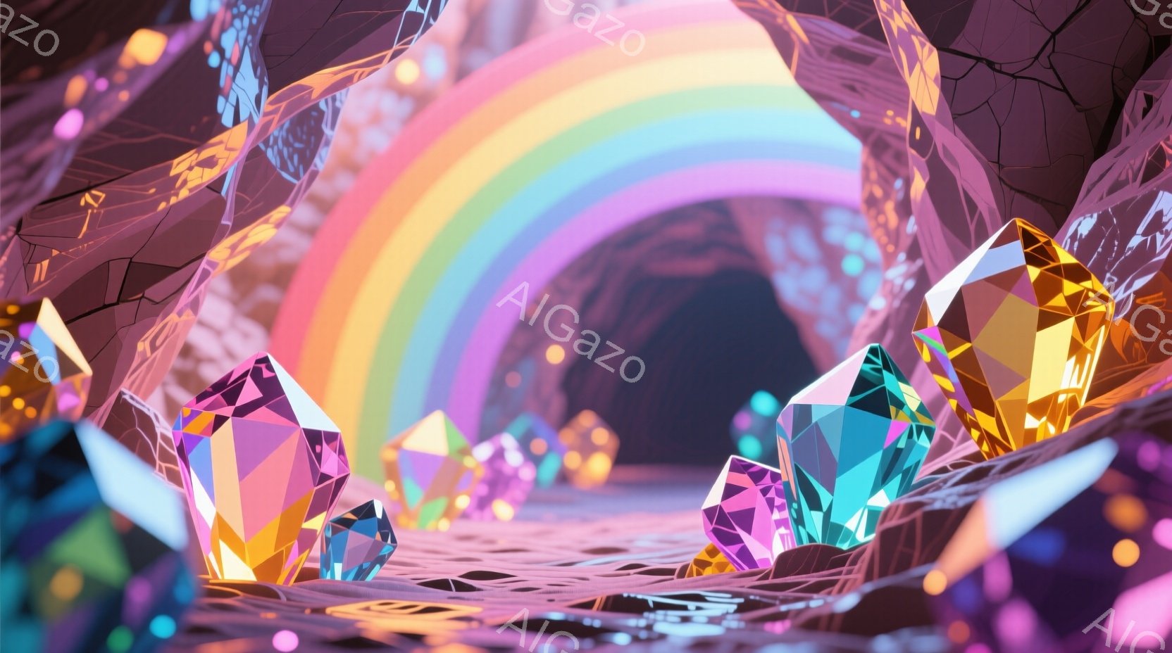 鮮やかな多面体の結晶が、薄暗い洞窟内に散らばり、虹色の光が奥へと続いています。結晶はピンク、紫、青、黄色など様々な色をしており、独特の幾何学的な形状が印象的です。洞窟の壁面は粗く、ファンタジー世界の神秘的な雰囲気を醸し出しています。